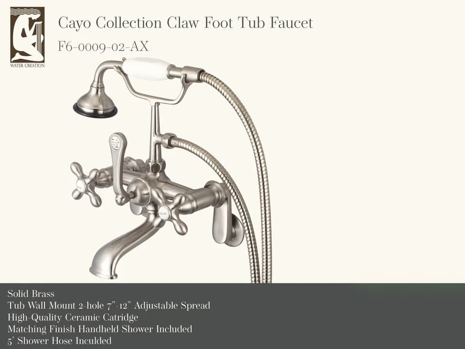 Water Creation Cayo 3-Handle Vintage Claw Foot Tub Faucet with Cross Handles and Hand Shower in Brush Nickel