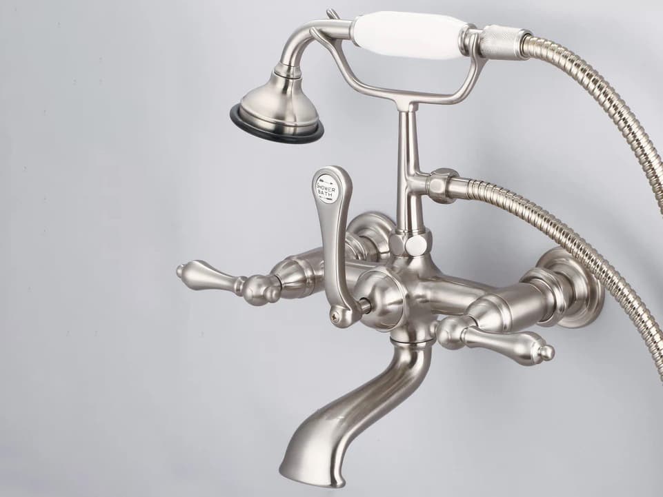 Water Creation Reva 3-Handle Vintage Claw Foot Tub Faucet with Hand Shower and Lever Handles in Brush Nickel