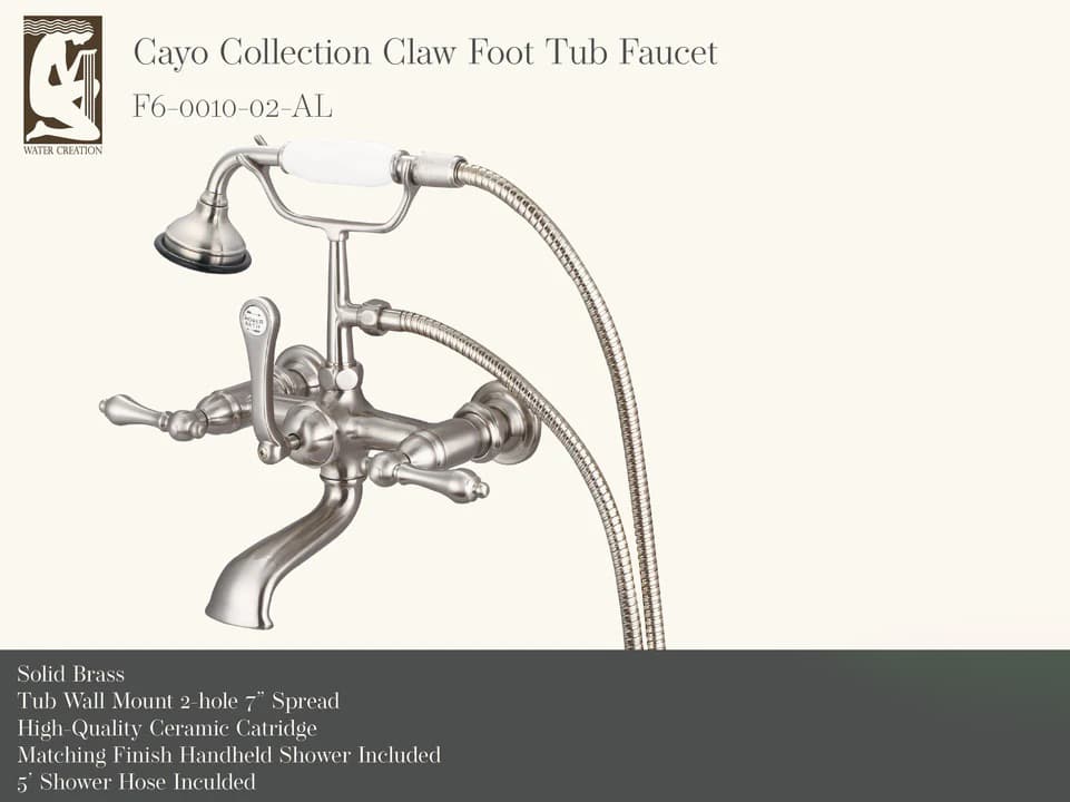Water Creation Reva 3-Handle Vintage Claw Foot Tub Faucet with Hand Shower and Lever Handles in Brush Nickel