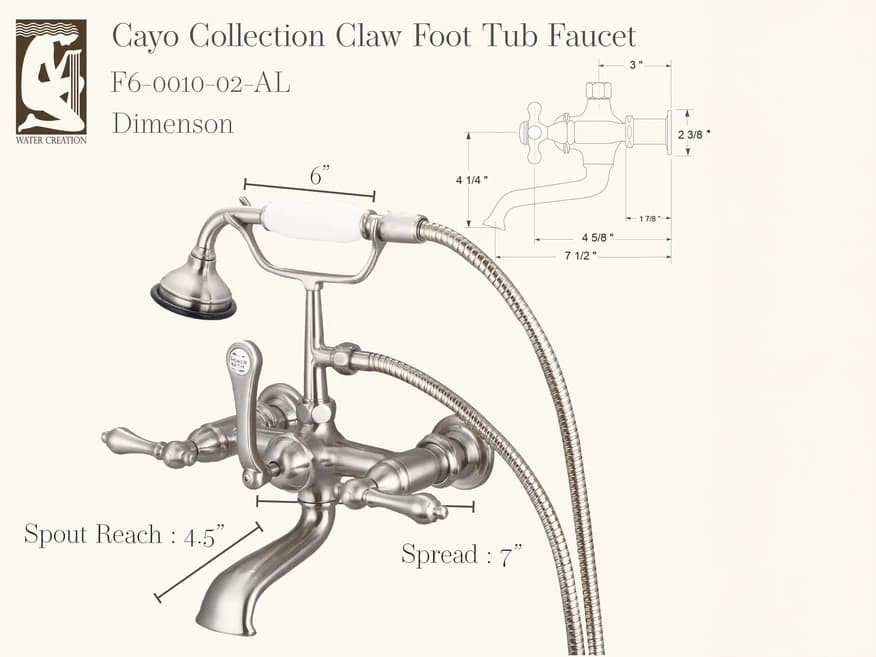 Water Creation Reva 3-Handle Vintage Claw Foot Tub Faucet with Hand Shower and Lever Handles in Brush Nickel