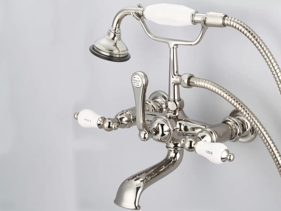 Water Creation Reva 3-Handle Vintage Claw Foot Tub Faucet with Labeled Porcelain Lever Handles and Hand Shower in Polished Nickel (PVD)