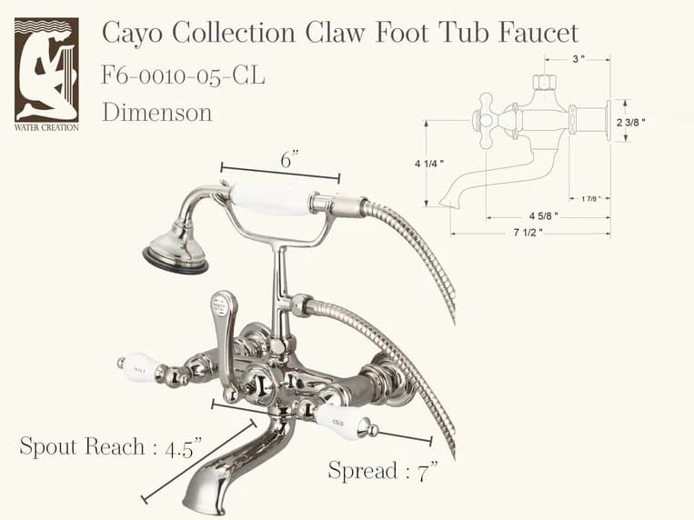 Water Creation Reva 3-Handle Vintage Claw Foot Tub Faucet with Labeled Porcelain Lever Handles and Hand Shower in Polished Nickel (PVD)
