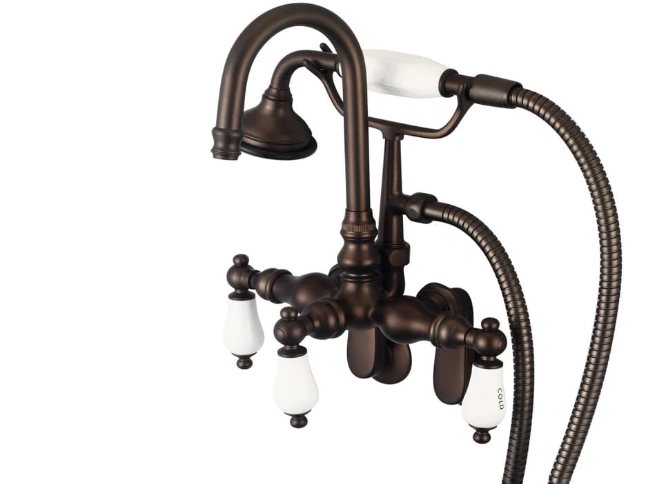 Water Creation Orchid 3-Handle Vintage Claw Foot Tub Faucet with Labeled Porcelain Lever Handles and Hand Shower in Oil Rubbed Bronze