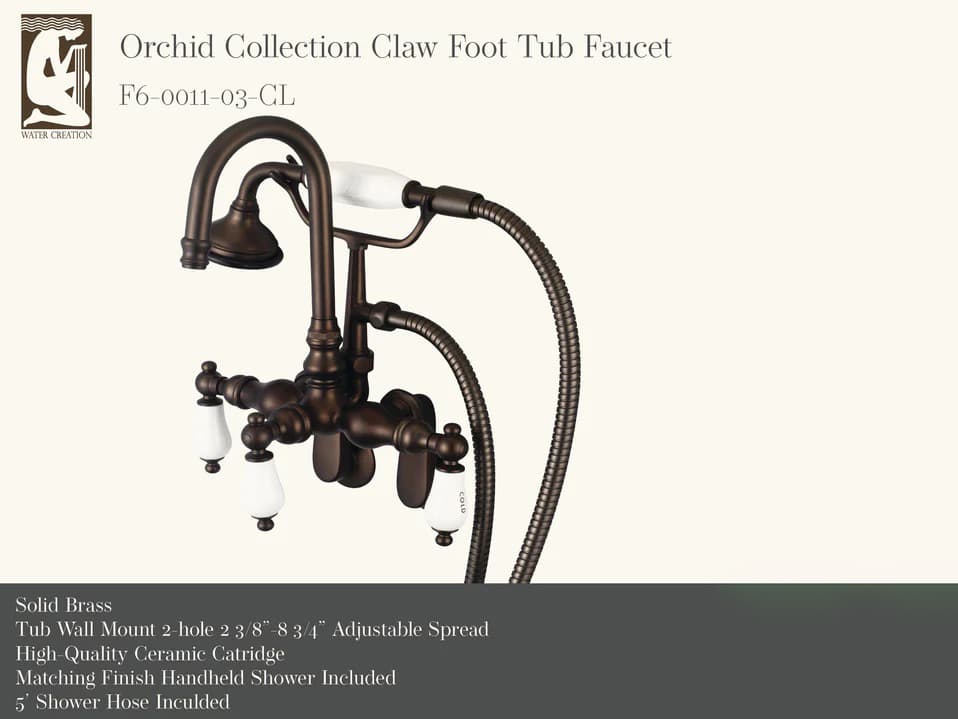 Water Creation Orchid 3-Handle Vintage Claw Foot Tub Faucet with Labeled Porcelain Lever Handles and Hand Shower in Oil Rubbed Bronze