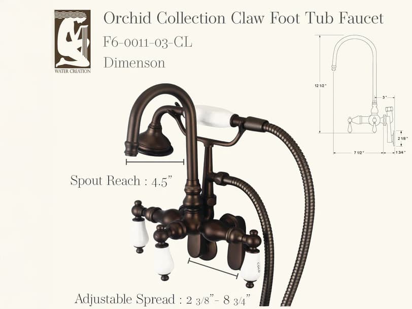 Water Creation Orchid 3-Handle Vintage Claw Foot Tub Faucet with Labeled Porcelain Lever Handles and Hand Shower in Oil Rubbed Bronze
