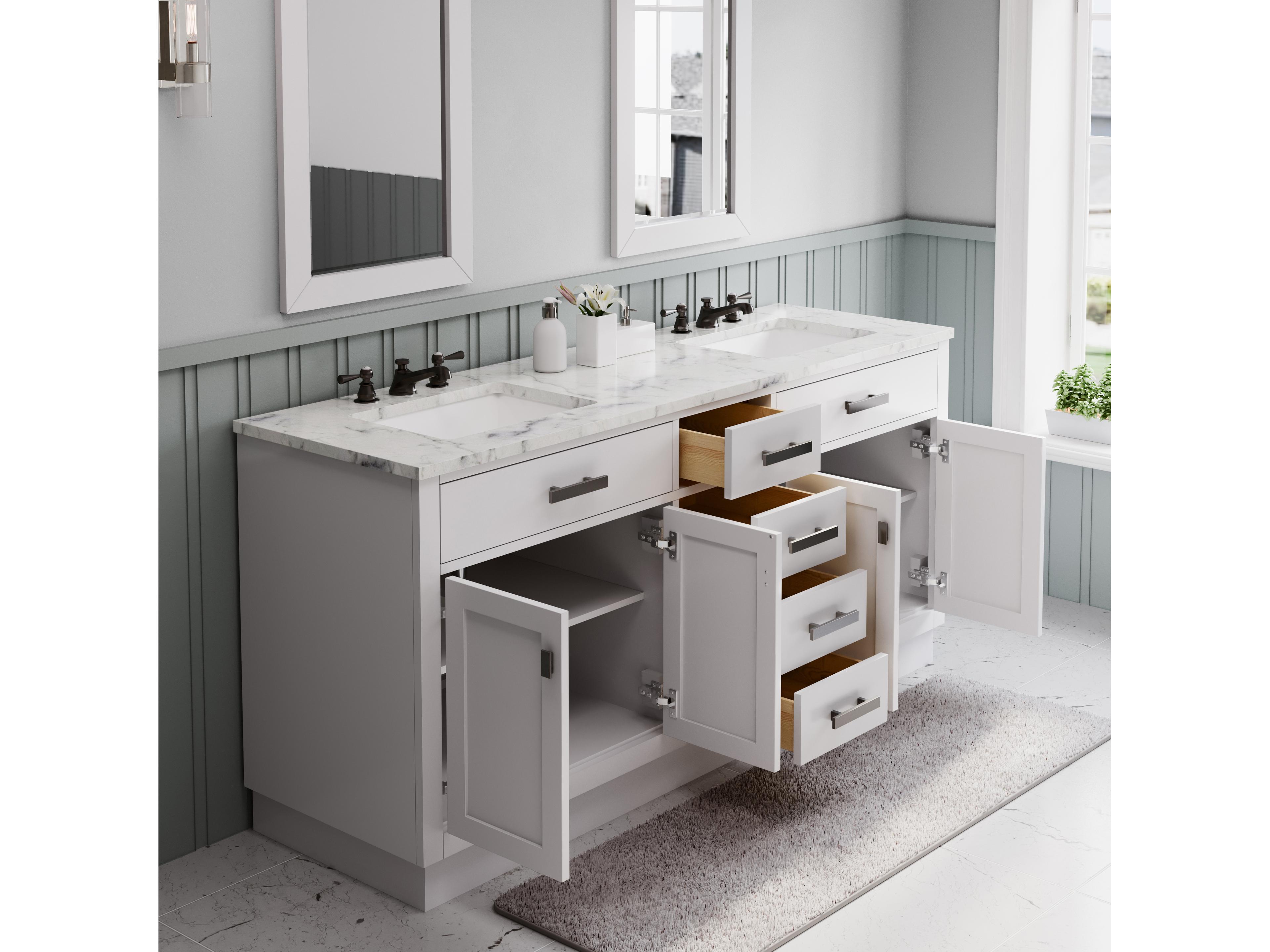 Water Creation Hartford Vanity Double Sinks Carrara White Marble Countertop Bath Vanity in Pure White