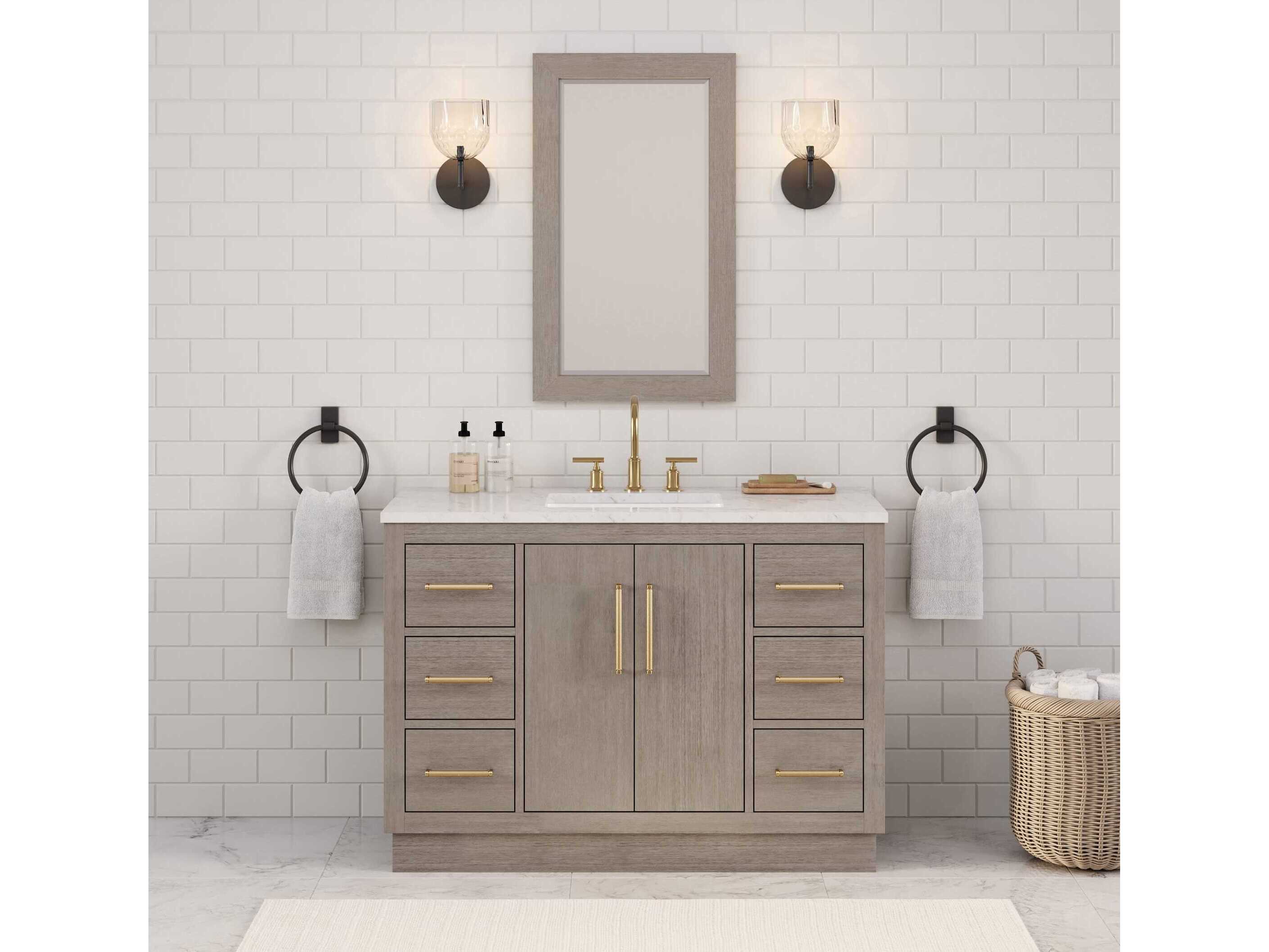 Water Creation Hugo Vanity in Grey Oak with Satin Gold Hardware and Gooseneck Faucet