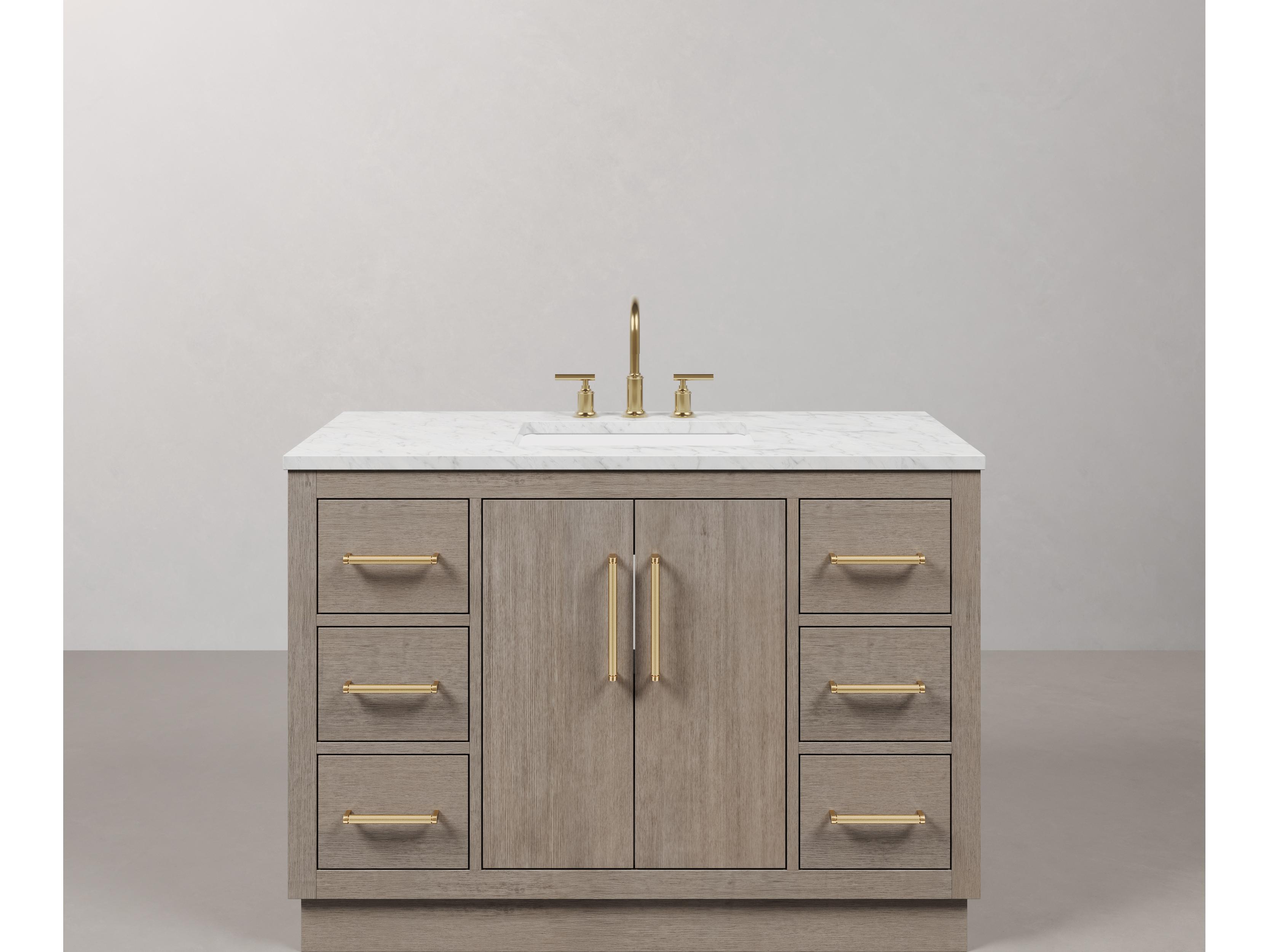 Water Creation Hugo Vanity in Grey Oak with Satin Gold Hardware and Gooseneck Faucet