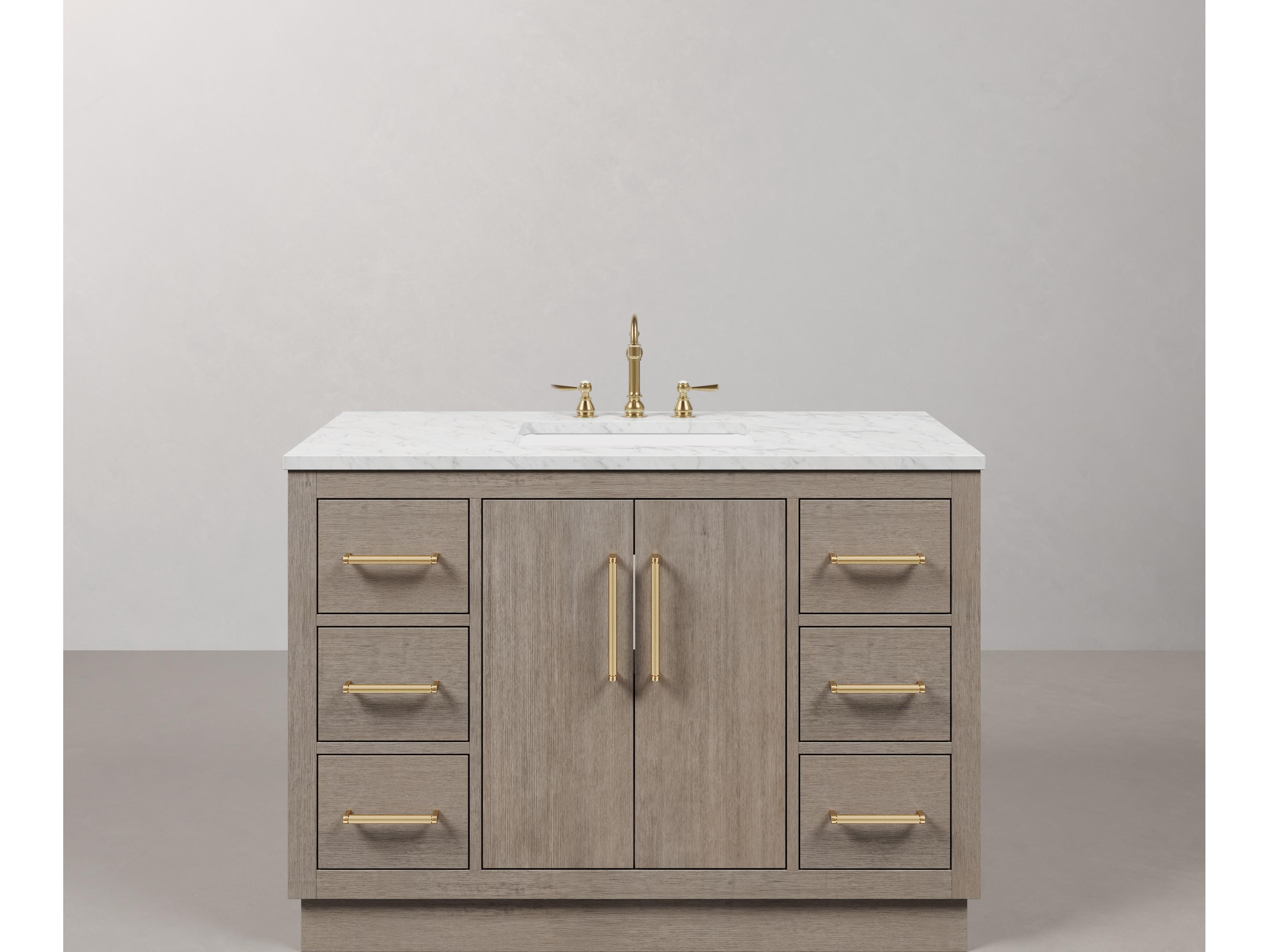 Water Creation Hugo Vanity in Grey Oak with Satin Gold Hardware and Hook Faucet