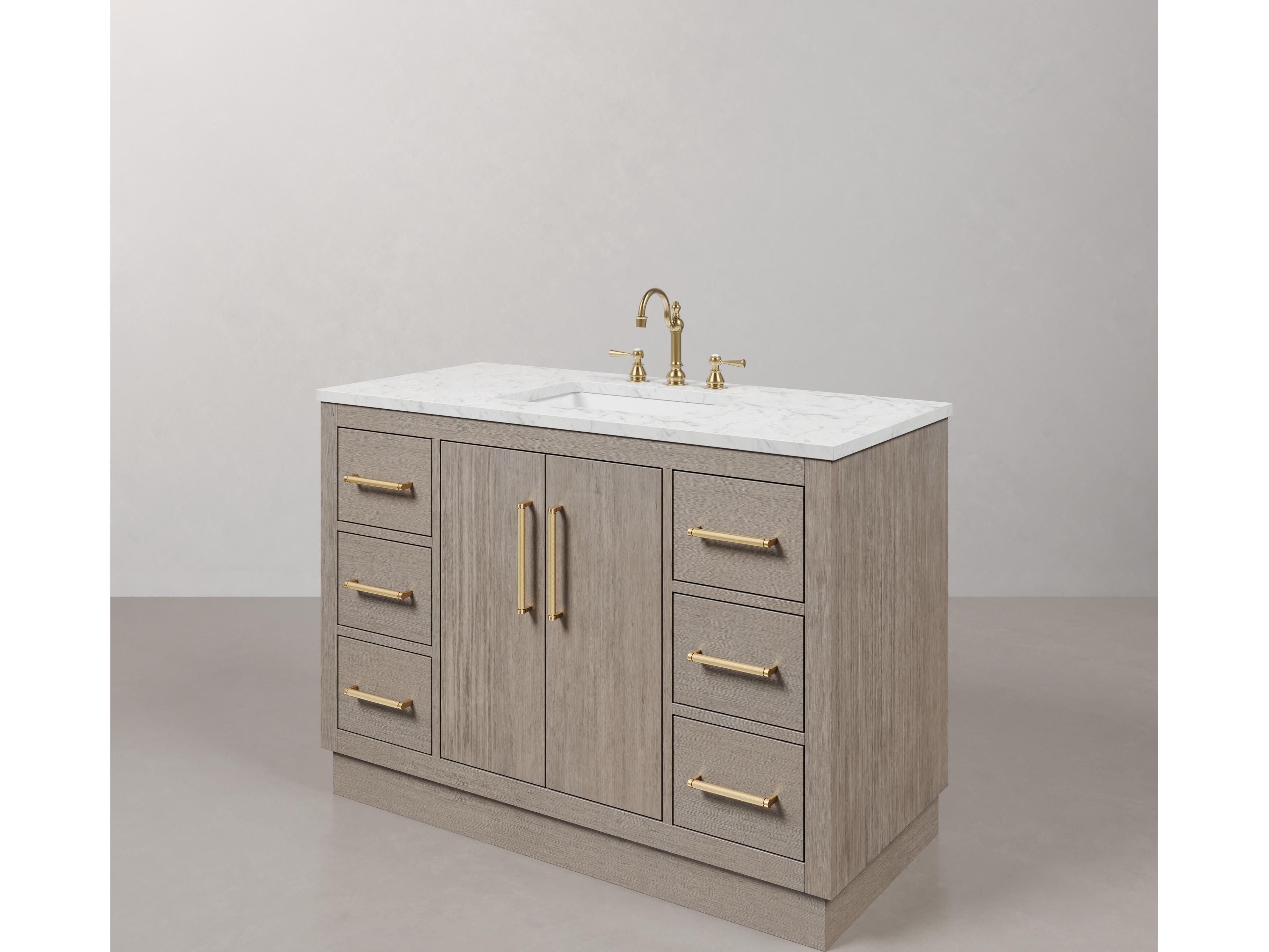 Water Creation Hugo Vanity in Grey Oak with Satin Gold Hardware and Hook Faucet