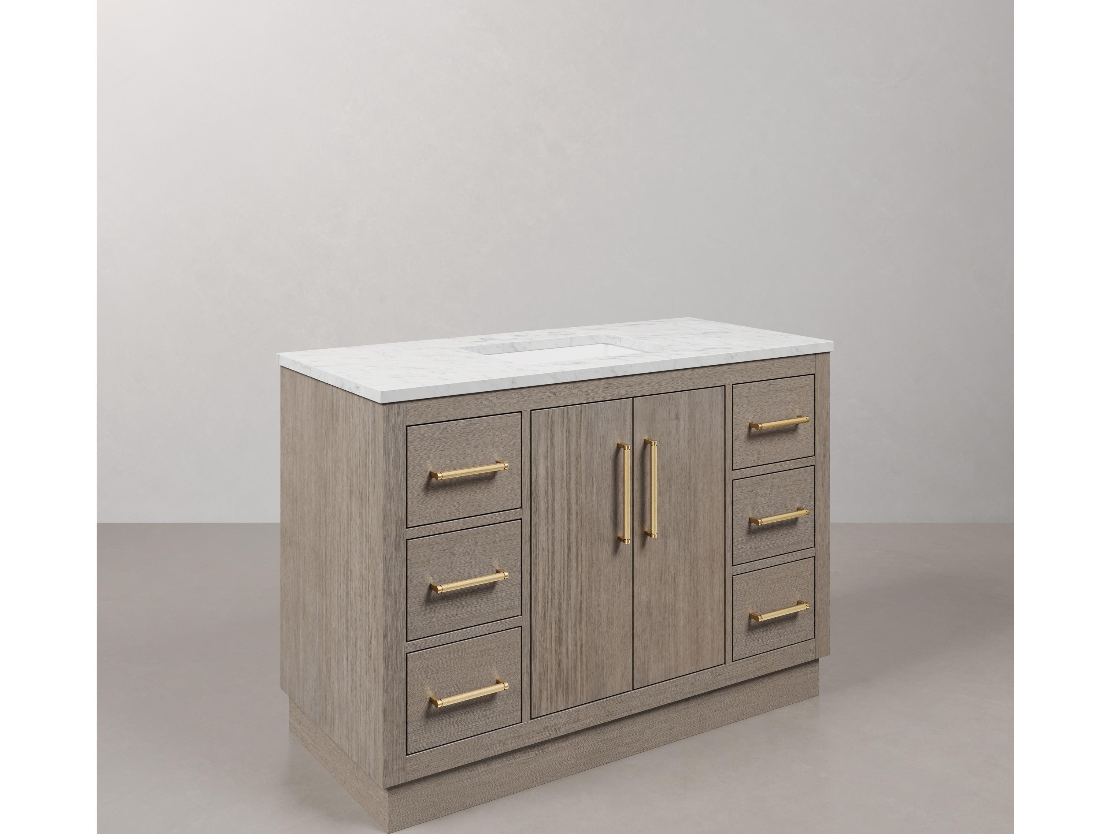 Water Creation Hugo Vanity in Grey Oak with Satin Gold Hardware and Rectangular Mirror (S)