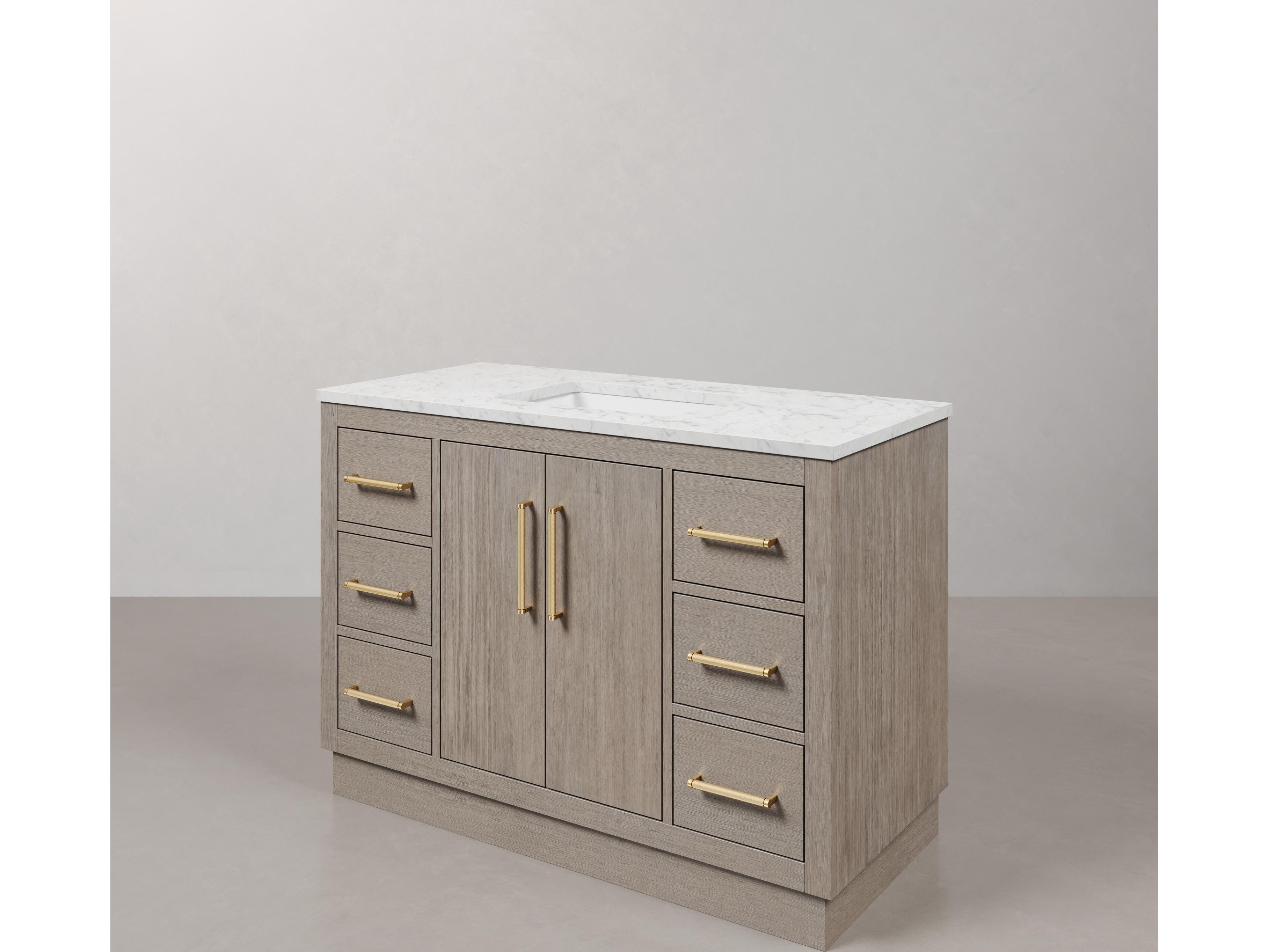 Water Creation Hugo Vanity in Grey Oak with Satin Gold Hardware and Rectangular Mirror (S)