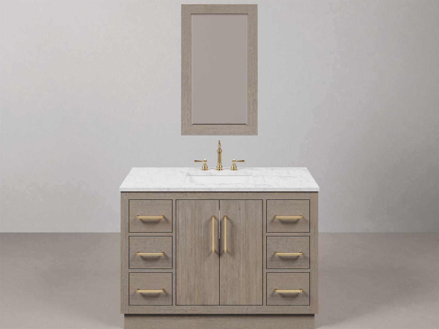 Water Creation Hugo Vanity n Grey Oak with Satin Gold Hardware and Gooseneck Faucet and Rectangular Mirror (S)