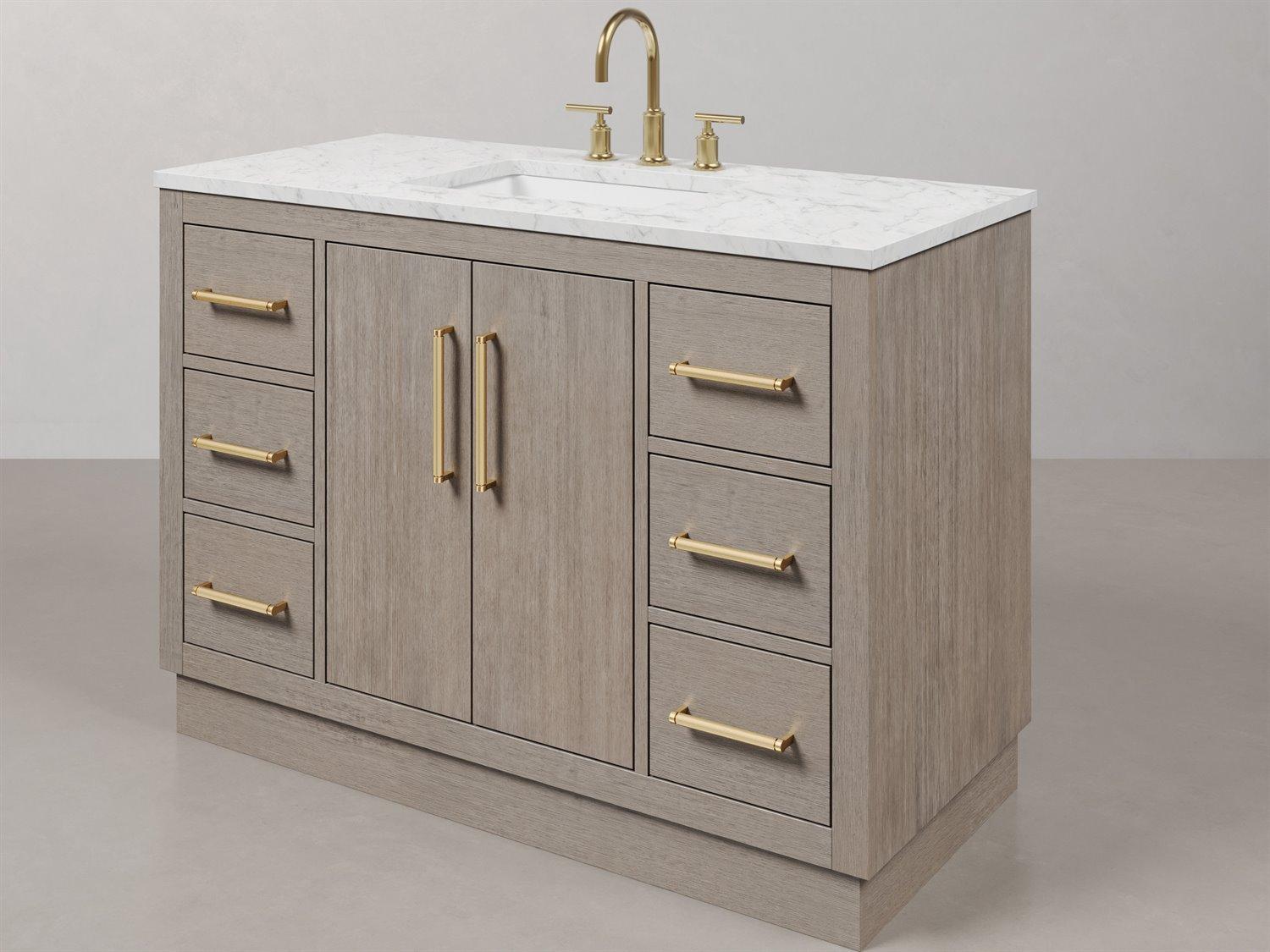 Water Creation Hugo Vanity n Grey Oak with Satin Gold Hardware and Gooseneck Faucet and Rectangular Mirror (S)