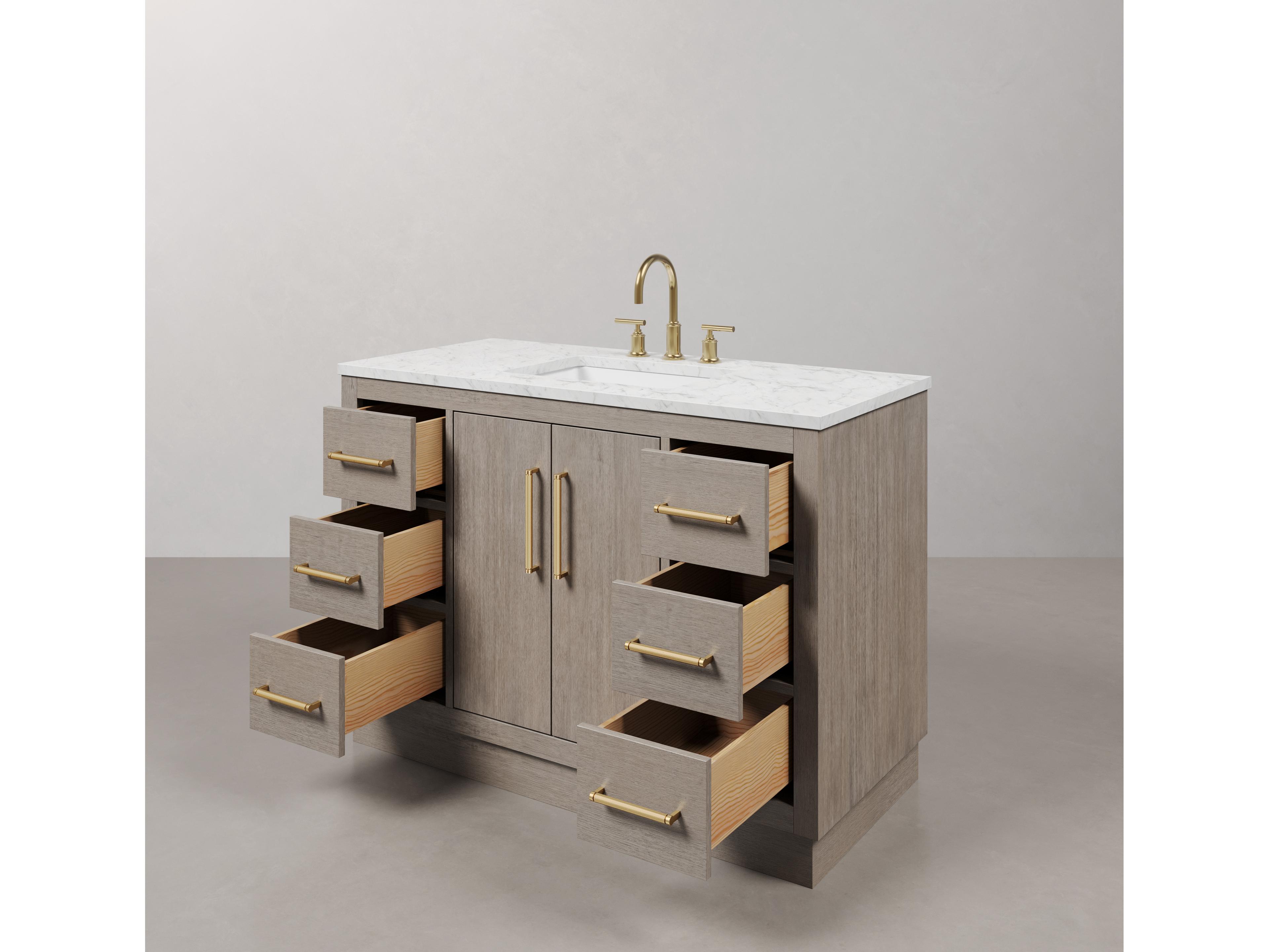 Water Creation Hugo Vanity n Grey Oak with Satin Gold Hardware and Gooseneck Faucet and Rectangular Mirror (S)