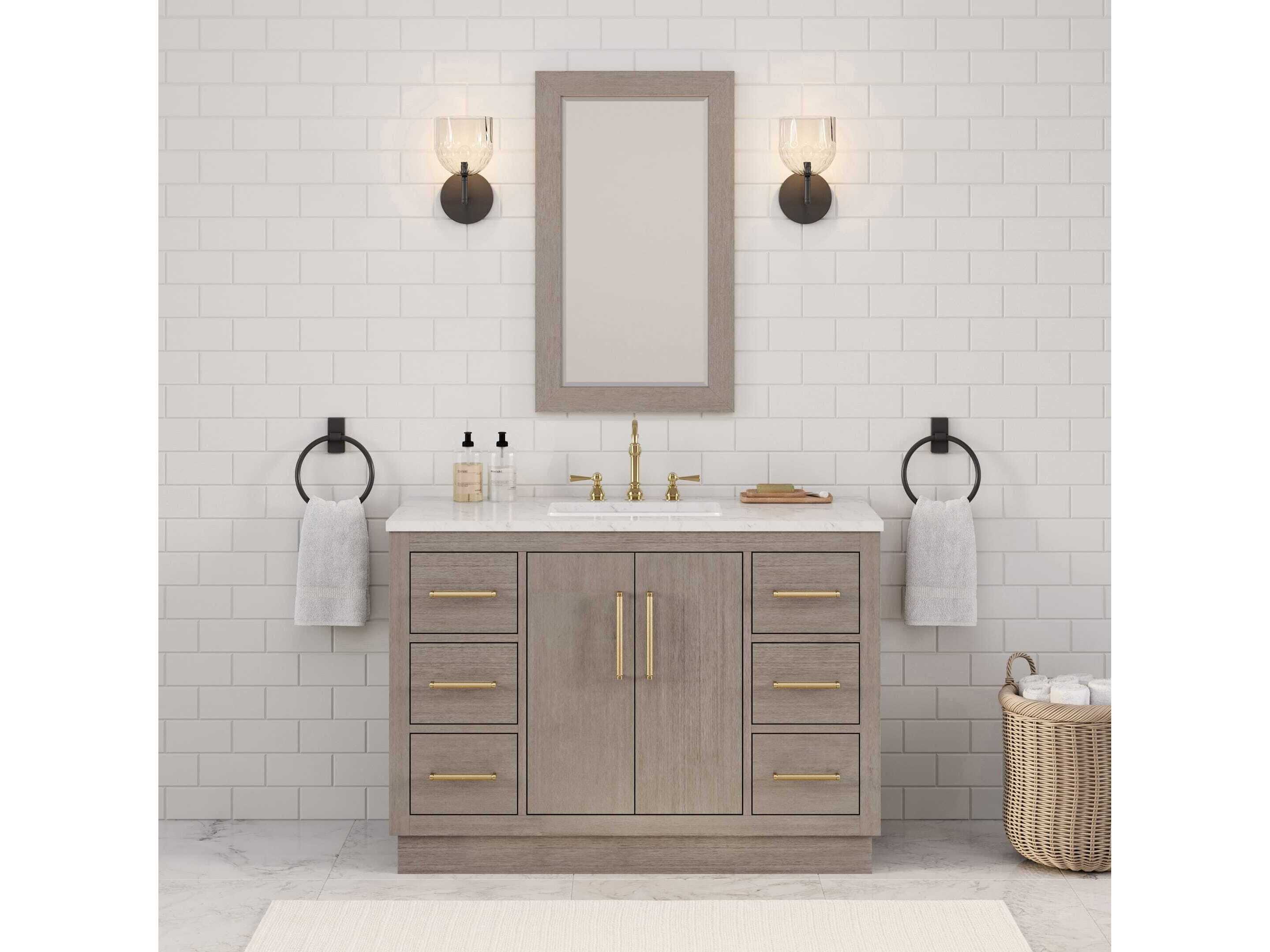 Water Creation Hugo Vanity in Grey Oak with Satin Gold Hardware, Hook Faucet and Rectangular Mirror (S)