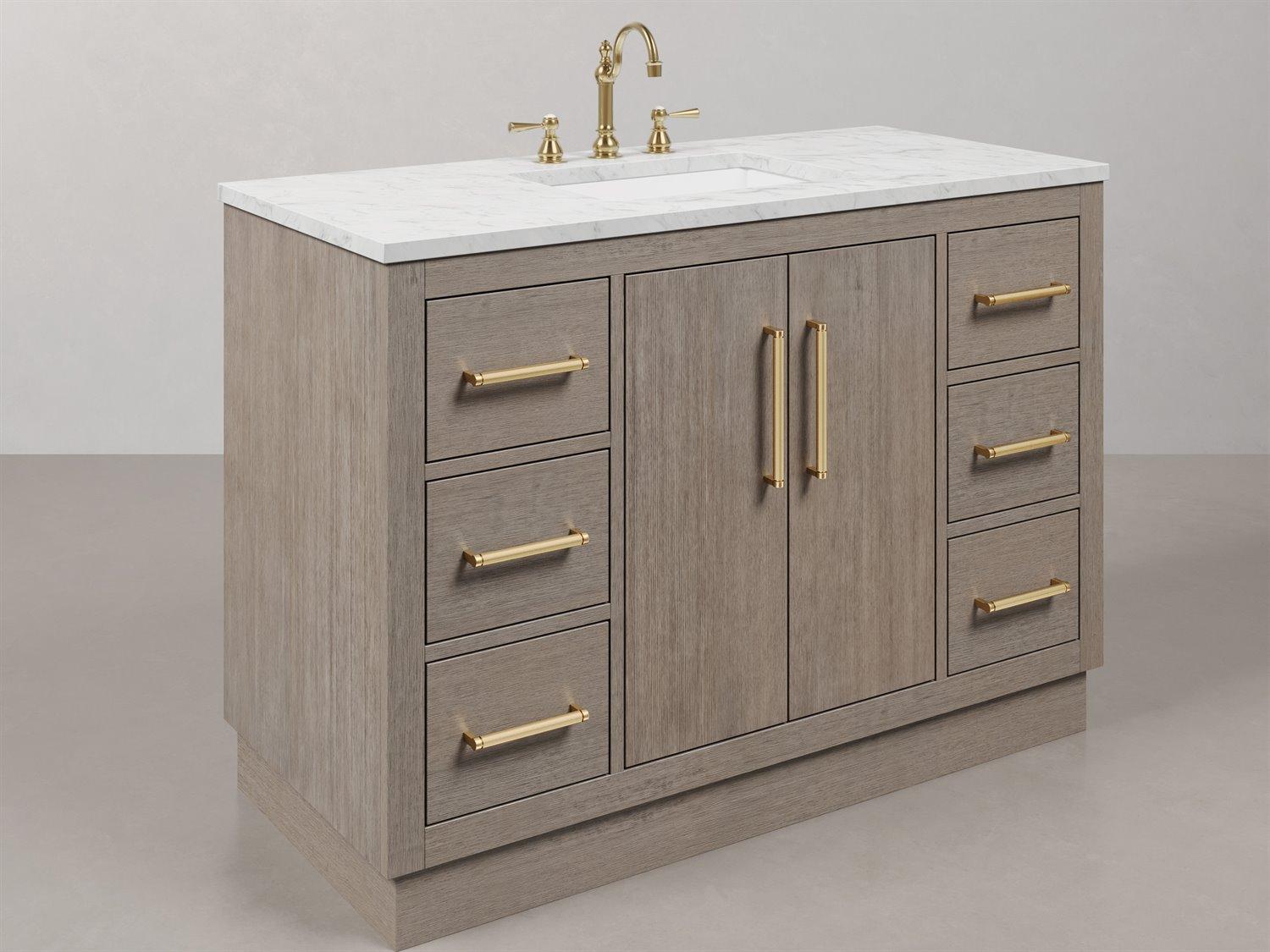 Water Creation Hugo Vanity in Grey Oak with Satin Gold Hardware, Hook Faucet and Rectangular Mirror (S)