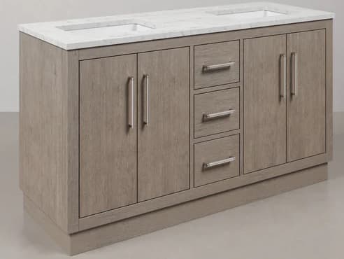 Water Creation Hugo Double Sink Carrara White Marble Countertop Bath Vanity in Grey Oak with Chrome Hardware, Gooseneck Faucets and Rectangular Mirrors (S)
