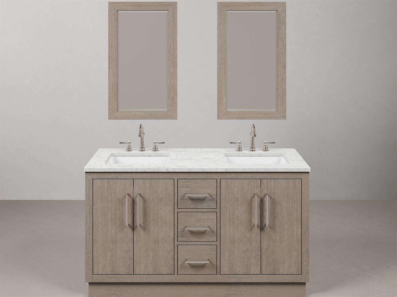 Water Creation Hugo Vanity in Grey Oak with Chrome Hardware, Hook Faucets and Rectangular Mirrors (S)