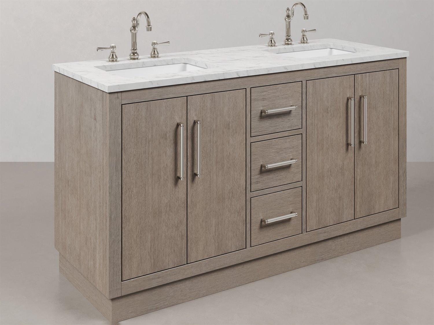 Water Creation Hugo Vanity in Grey Oak with Chrome Hardware, Hook Faucets and Rectangular Mirrors (S)
