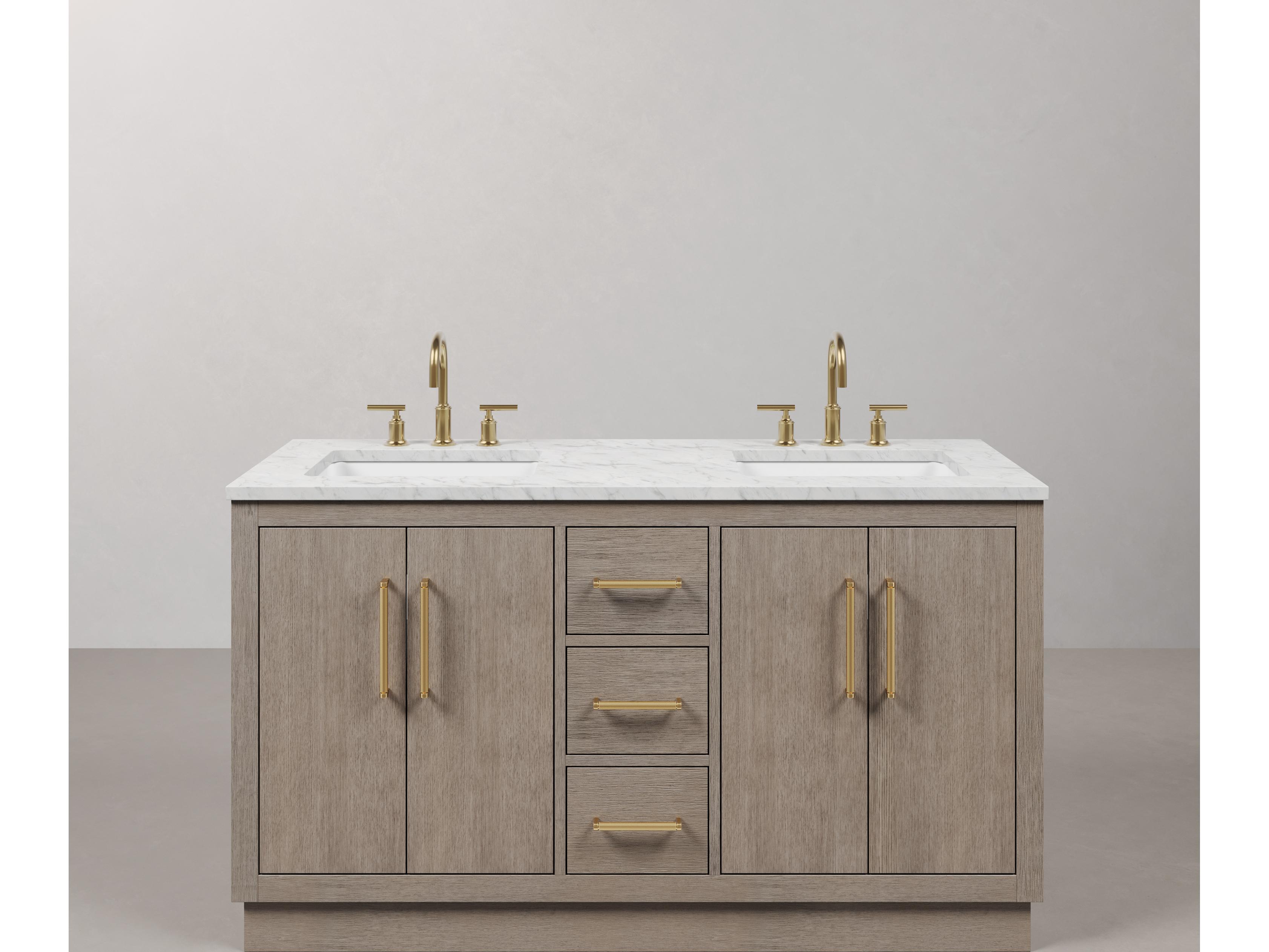 Water Creation Hugo Vanity  in Grey Oak with Satin Gold Hardware and Gooseneck Faucets