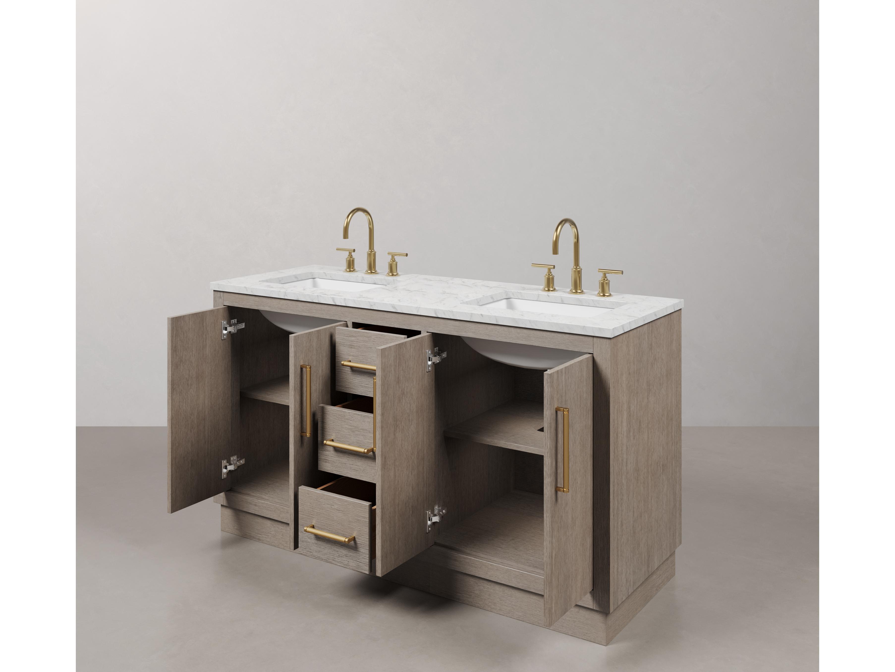 Water Creation Hugo Vanity  in Grey Oak with Satin Gold Hardware and Gooseneck Faucets