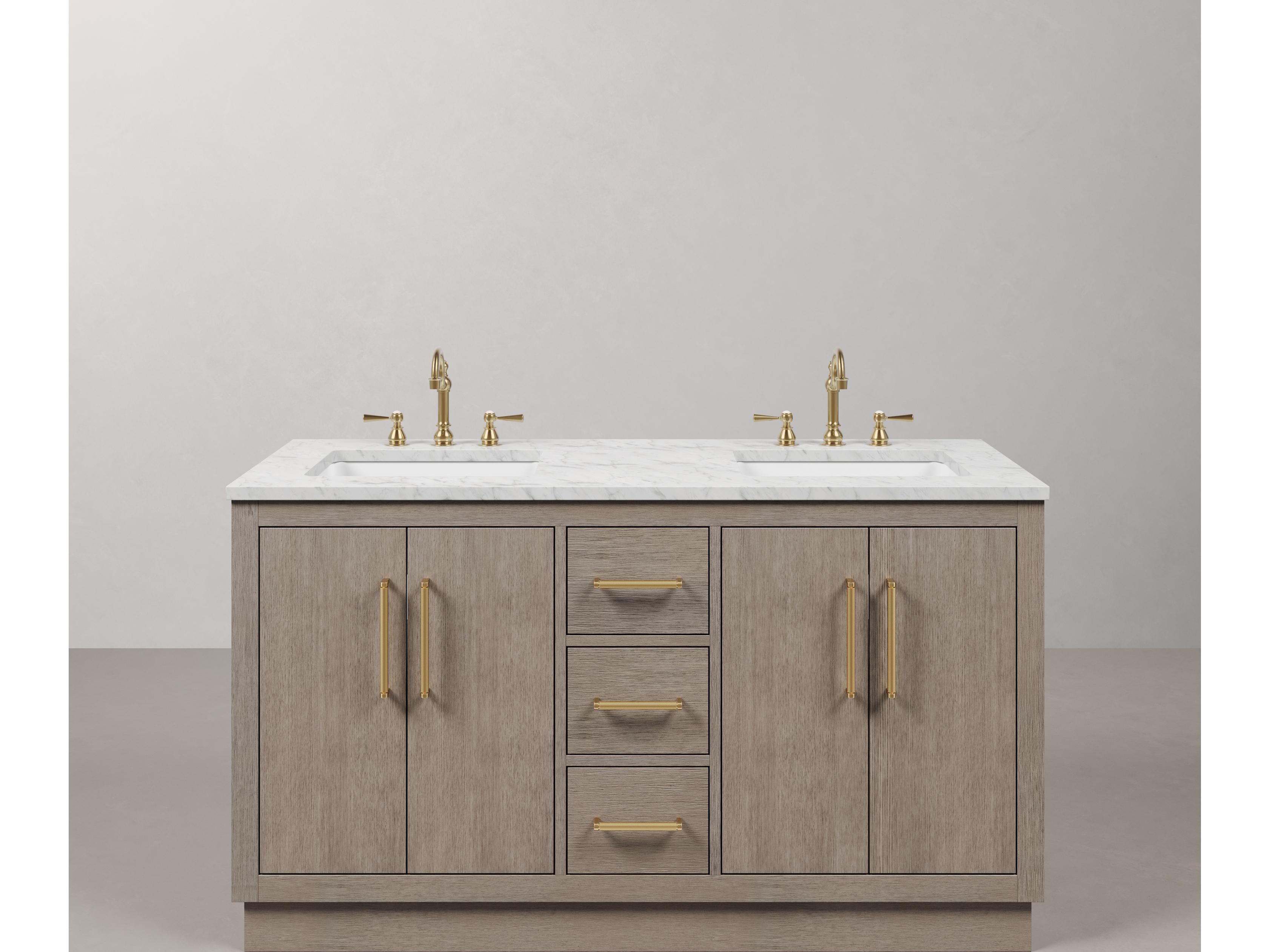 Water Creation Hugo Vanity  in Grey Oak with Satin Gold Hardware and Hook Faucets