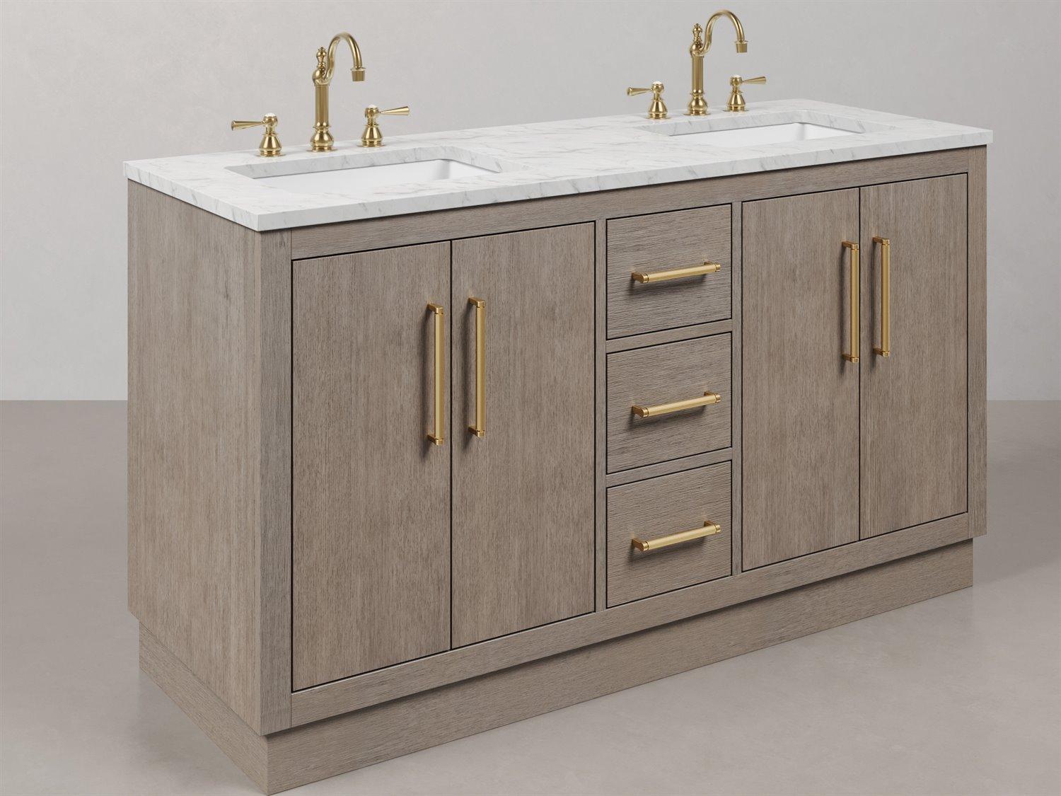Water Creation Hugo Vanity  in Grey Oak with Satin Gold Hardware and Hook Faucets