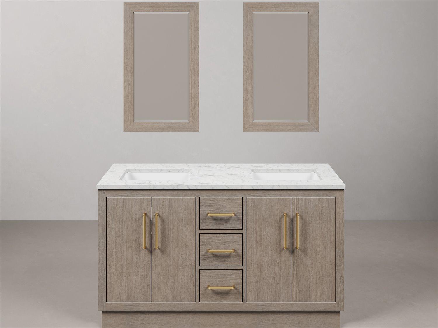 Water Creation Hugo Vanity  in Grey Oak with Satin Gold Hardware and Rectangular Mirrors (S)