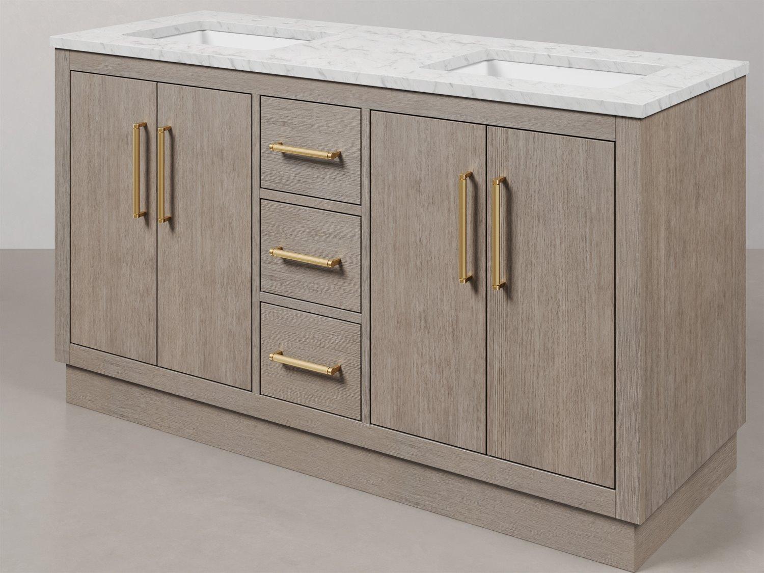 Water Creation Hugo Vanity  in Grey Oak with Satin Gold Hardware and Rectangular Mirrors (S)