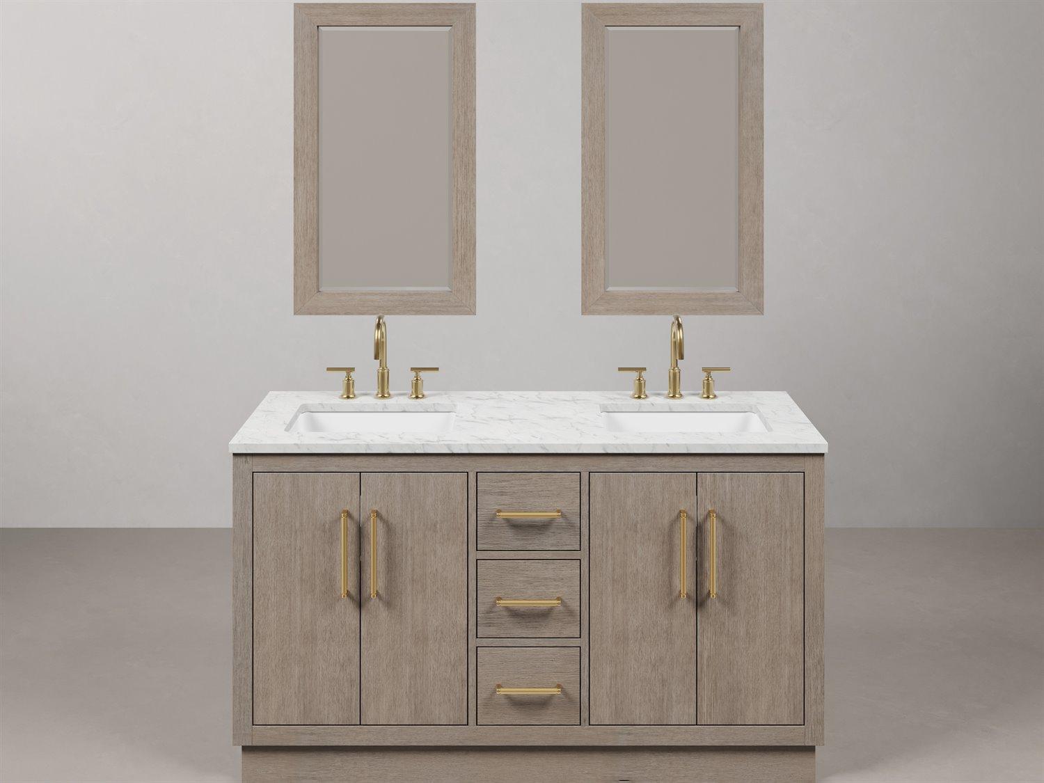 Water Creation Hugo Vanity in Grey Oak with Satin Gold Hardware, Gooseneck Faucets and Rectangular Mirrors (S)