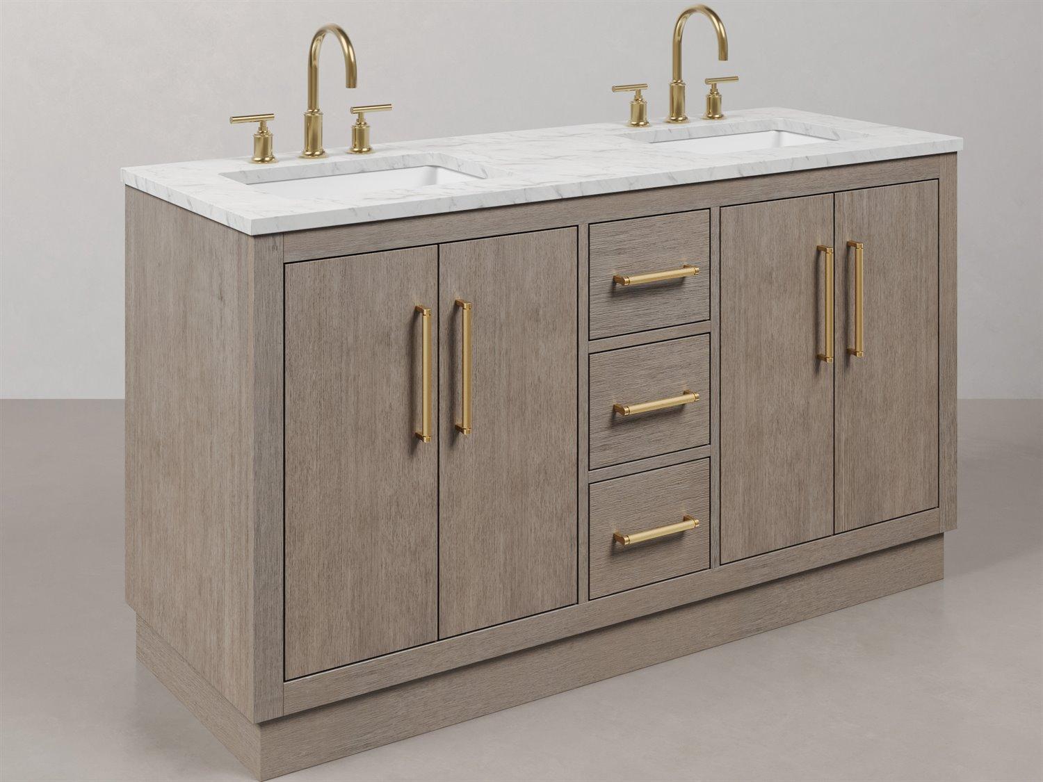 Water Creation Hugo Vanity in Grey Oak with Satin Gold Hardware, Gooseneck Faucets and Rectangular Mirrors (S)