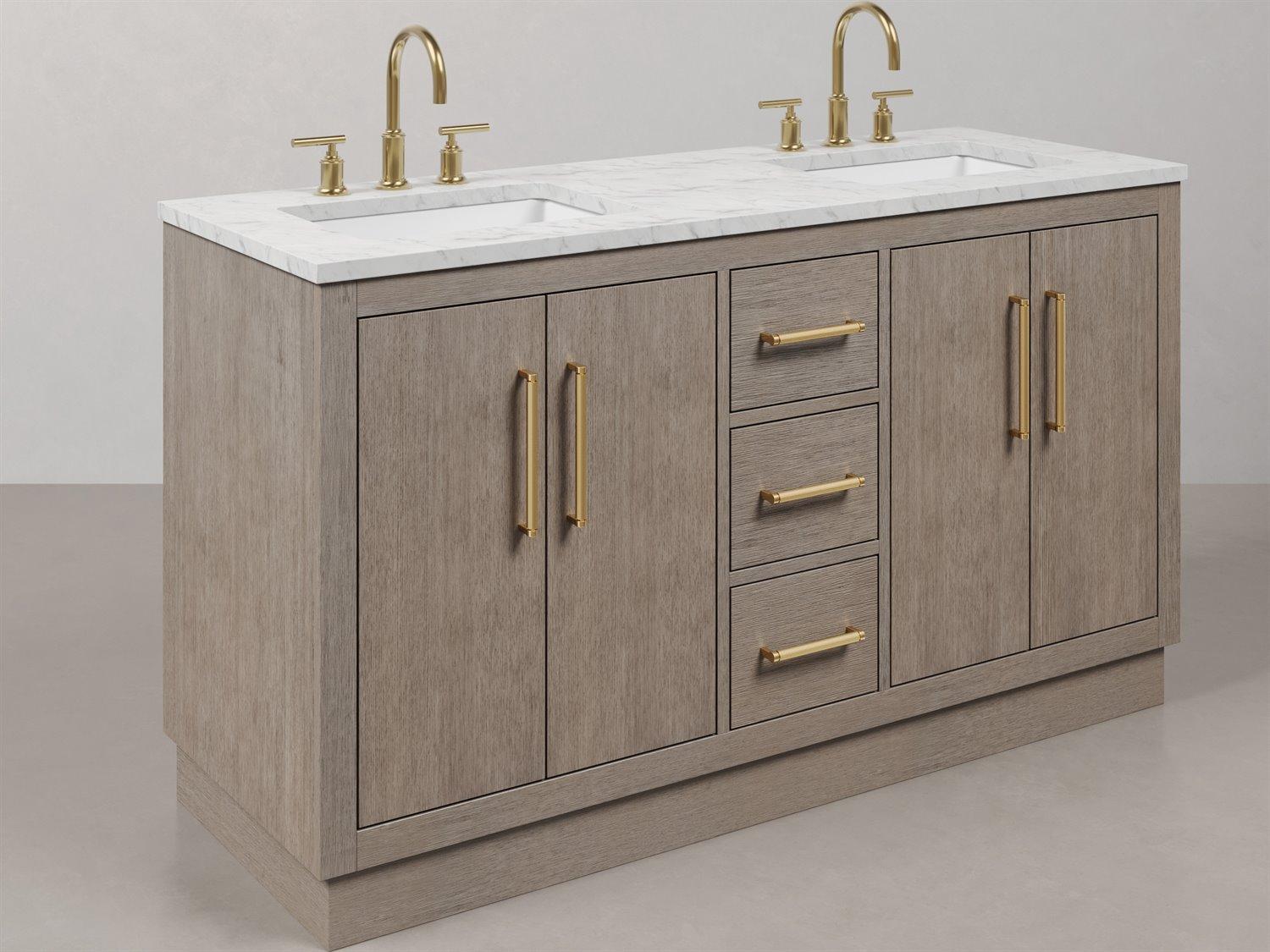Water Creation Hugo Vanity in Grey Oak with Satin Gold Hardware, Hook Faucets and Rectangular Mirrors (S)