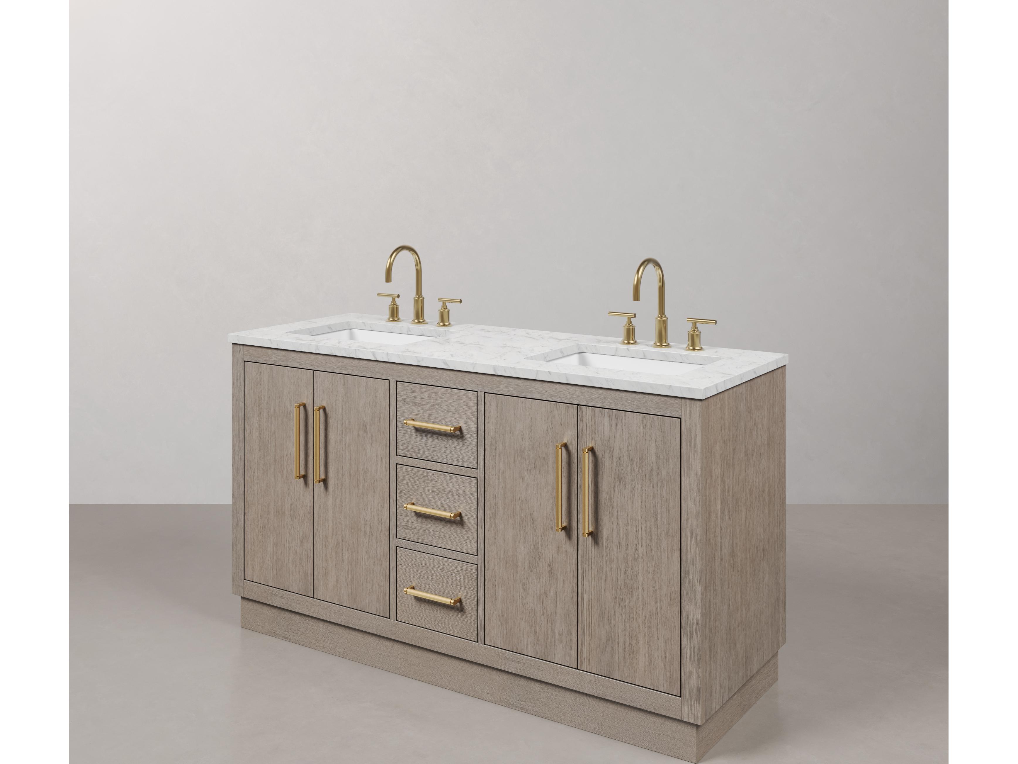 Water Creation Hugo Vanity in Grey Oak with Satin Gold Hardware, Hook Faucets and Rectangular Mirrors (S)