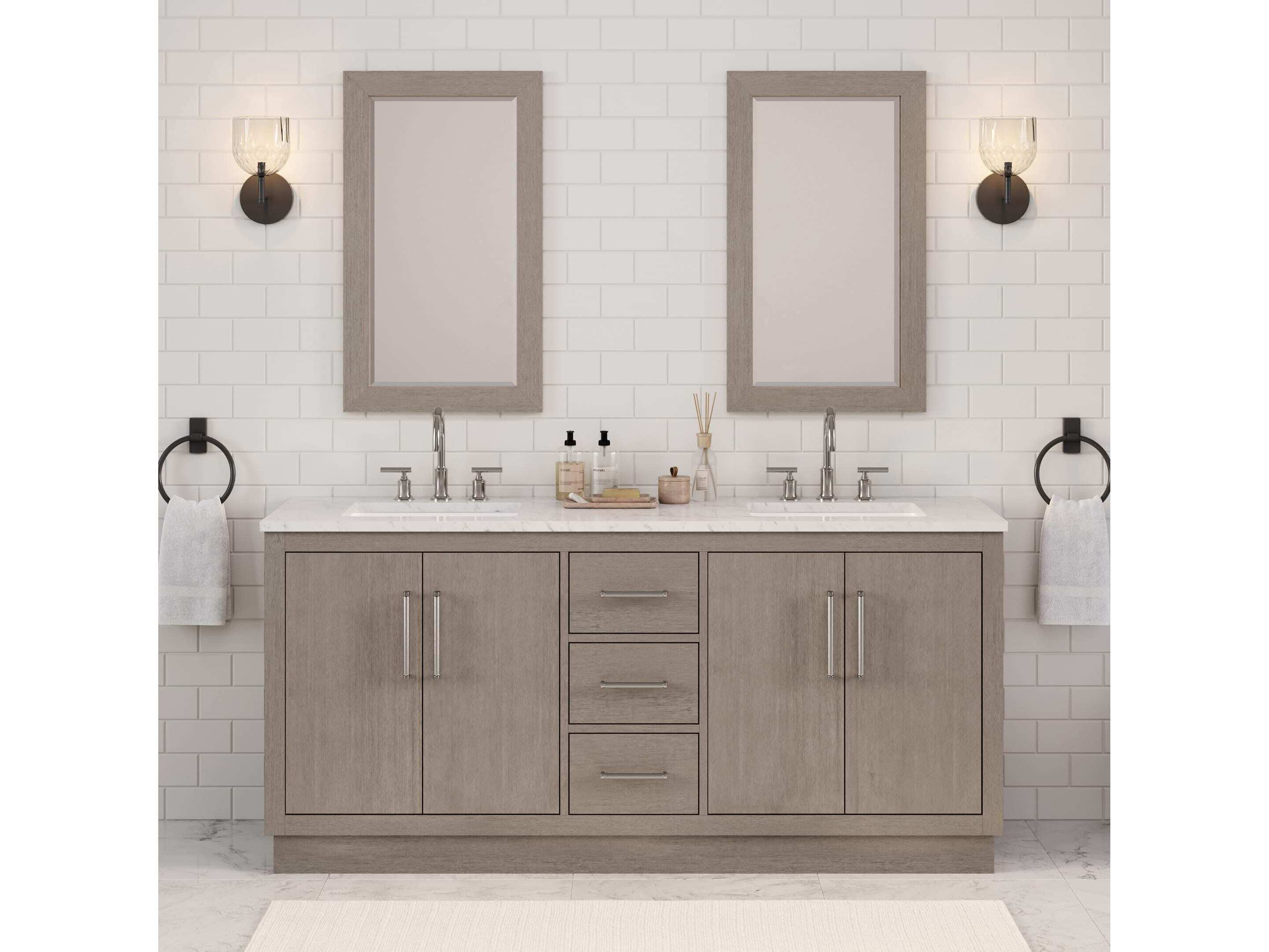 Water Creation Hugo Vanity in Grey Oak with Chrome Hardware and Gooseneck Faucets