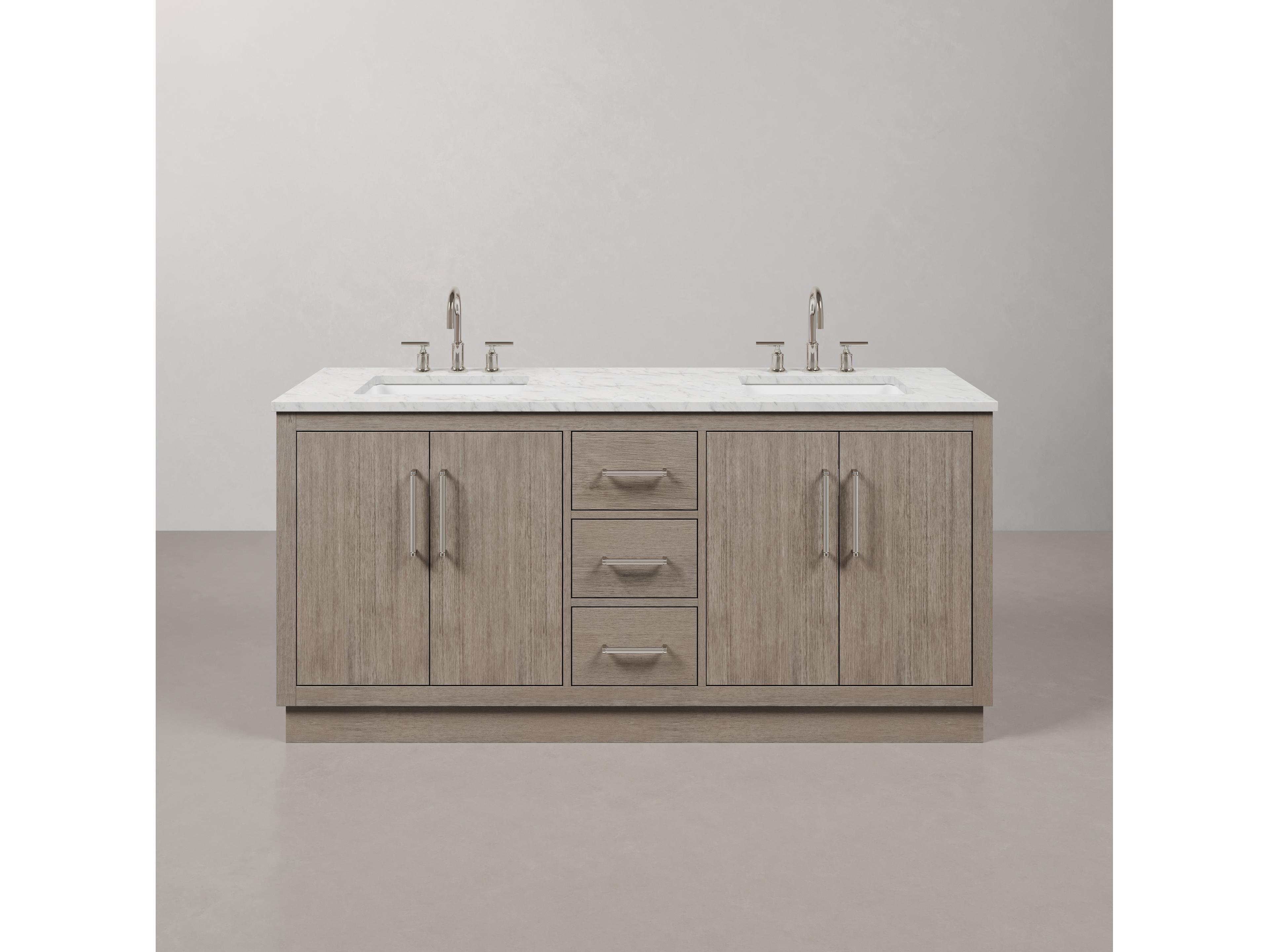 Water Creation Hugo Vanity in Grey Oak with Chrome Hardware and Gooseneck Faucets
