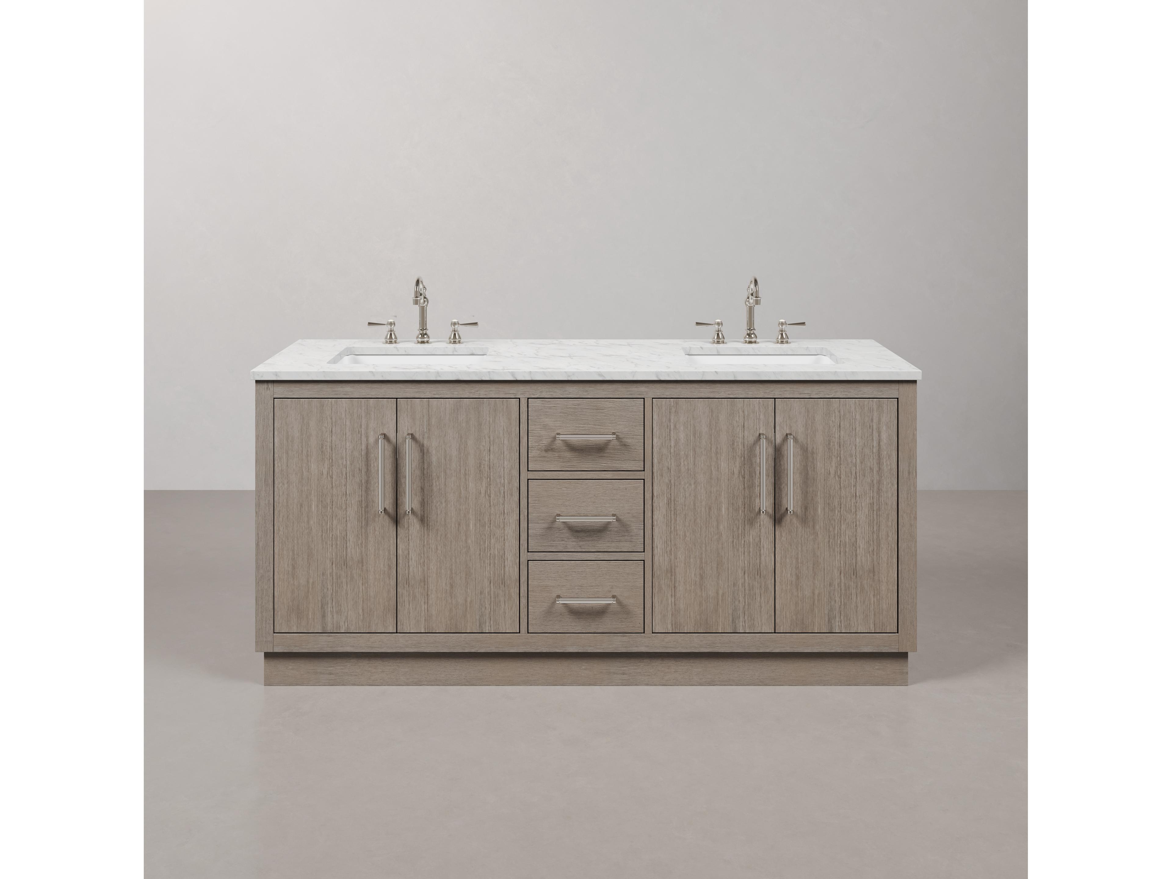 Water Creation Hugo Vanity in Grey Oak with Chrome Hardware and Hook Faucets