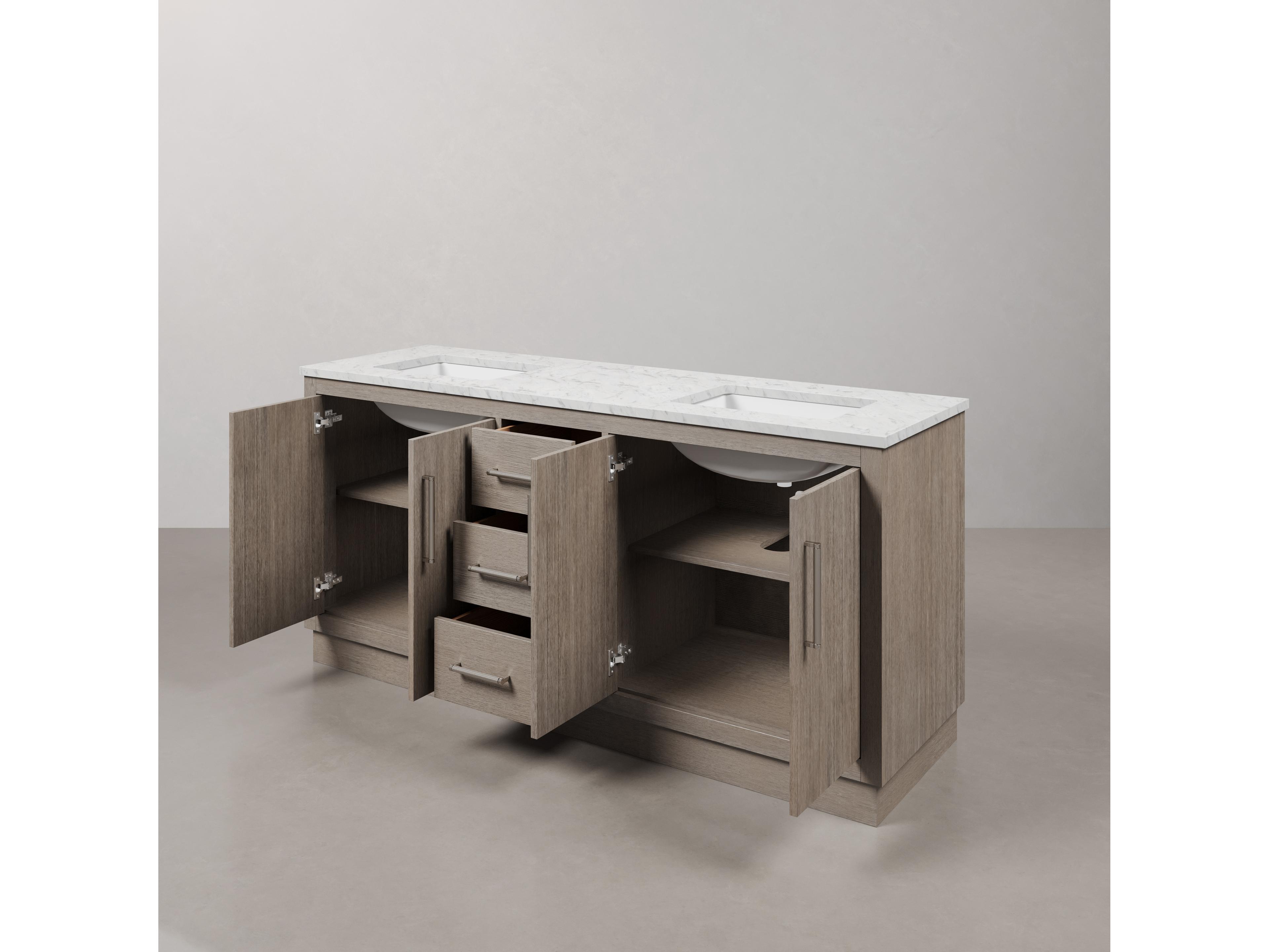 Water Creation Hugo Vanity Double Sink Carrara White Marble Countertop Bath Vanity in Grey Oak with Chrome Hardware and Rectangular Mirrors (S)