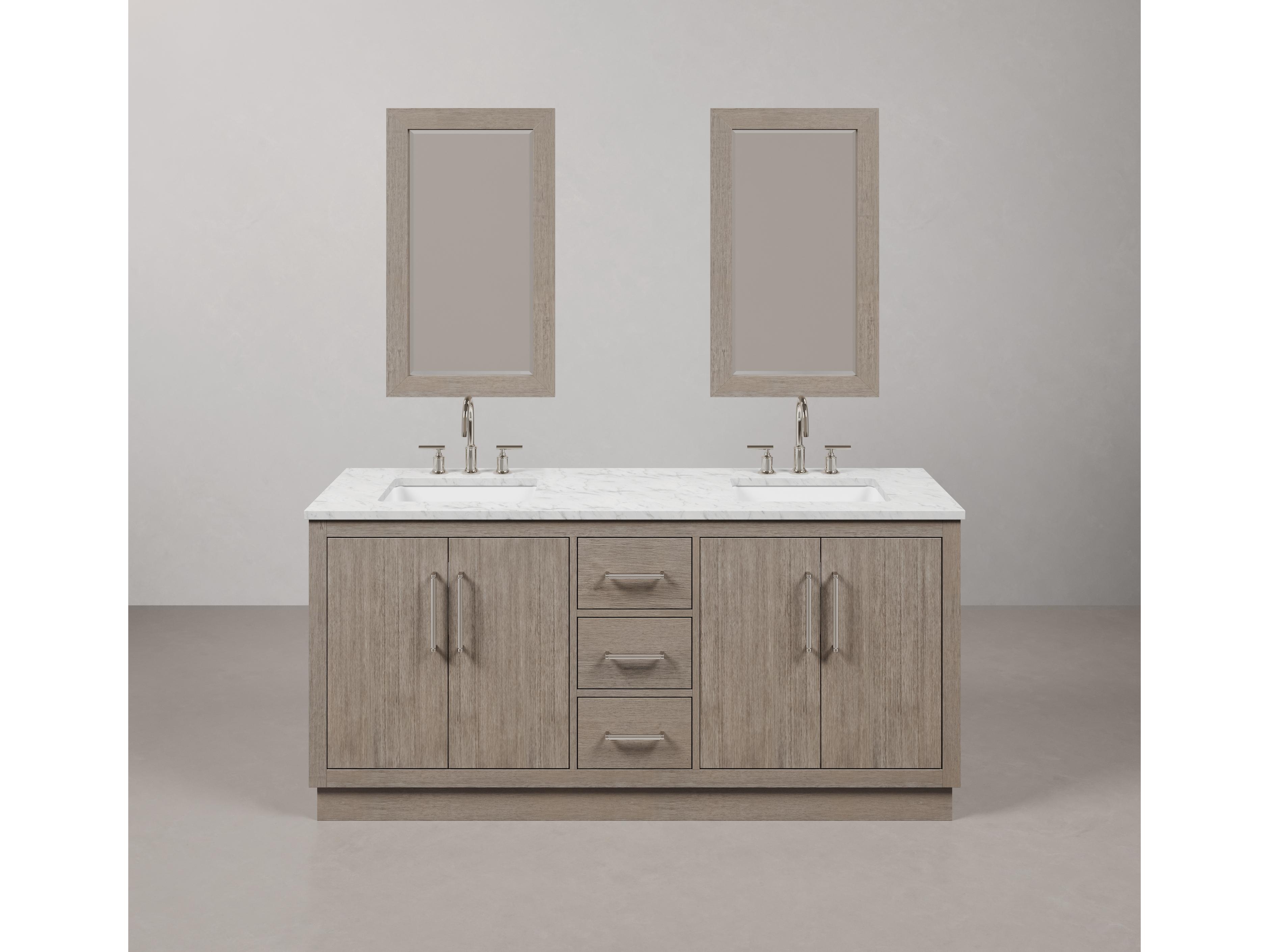 Water Creation Hugo Double Sink Carrara White Marble Countertop Bath Vanity in Grey Oak with Chrome Hardware, Gooseneck Faucets and Rectangular Mirrors (S)