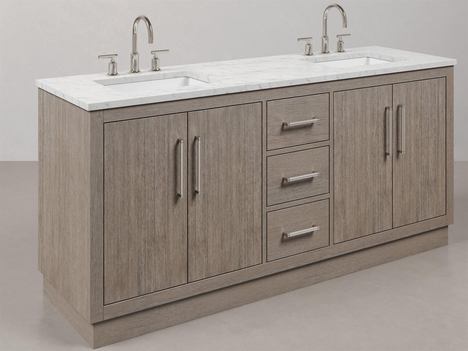 Water Creation Hugo Double Sink Carrara White Marble Countertop Bath Vanity in Grey Oak with Chrome Hardware, Gooseneck Faucets and Rectangular Mirrors (S)