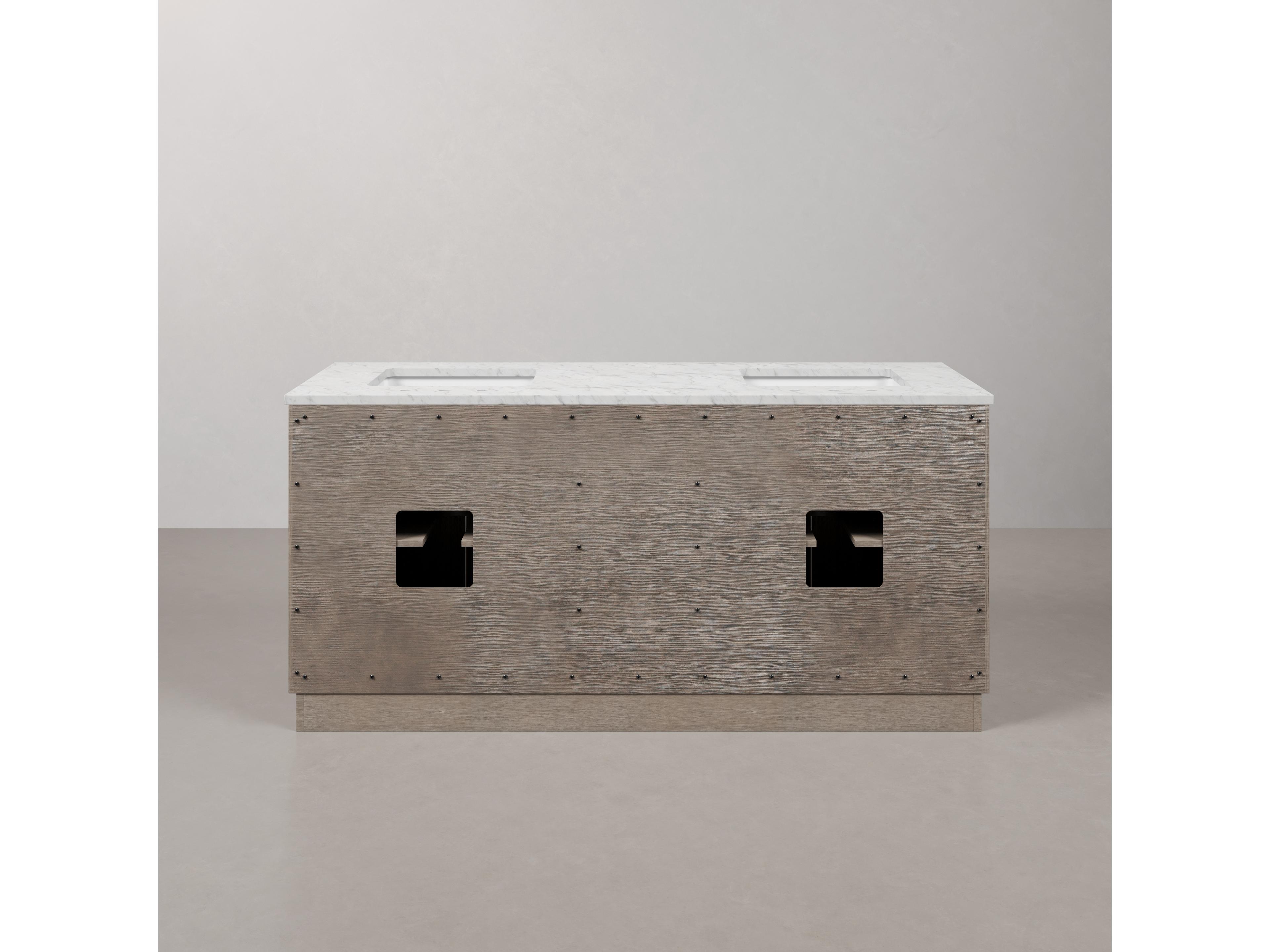 Water Creation Hugo Double Sink Carrara White Marble Countertop Bath Vanity in Grey Oak with Chrome Hardware, Gooseneck Faucets and Rectangular Mirrors (S)