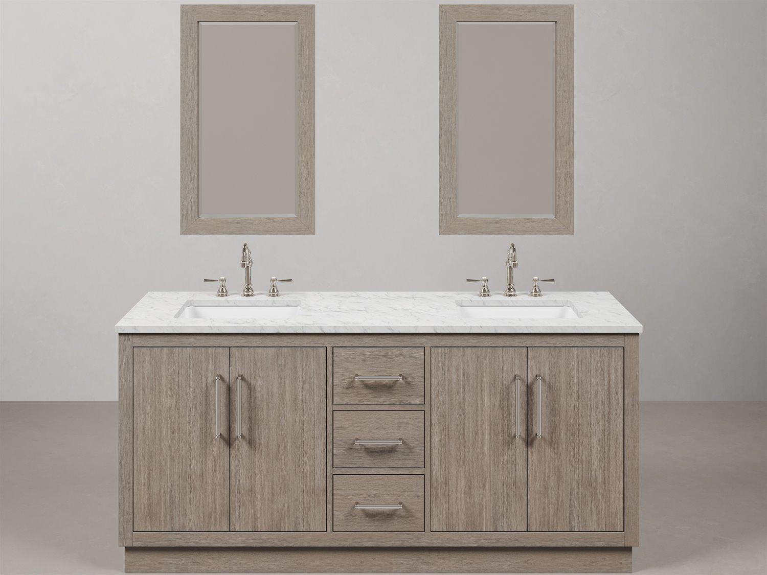 Water Creation Hugo Double Sink Carrara White Marble Countertop Bath Vanity in Grey Oak with Chrome Hardware, Hook Faucets and Rectangular Mirrors (S)