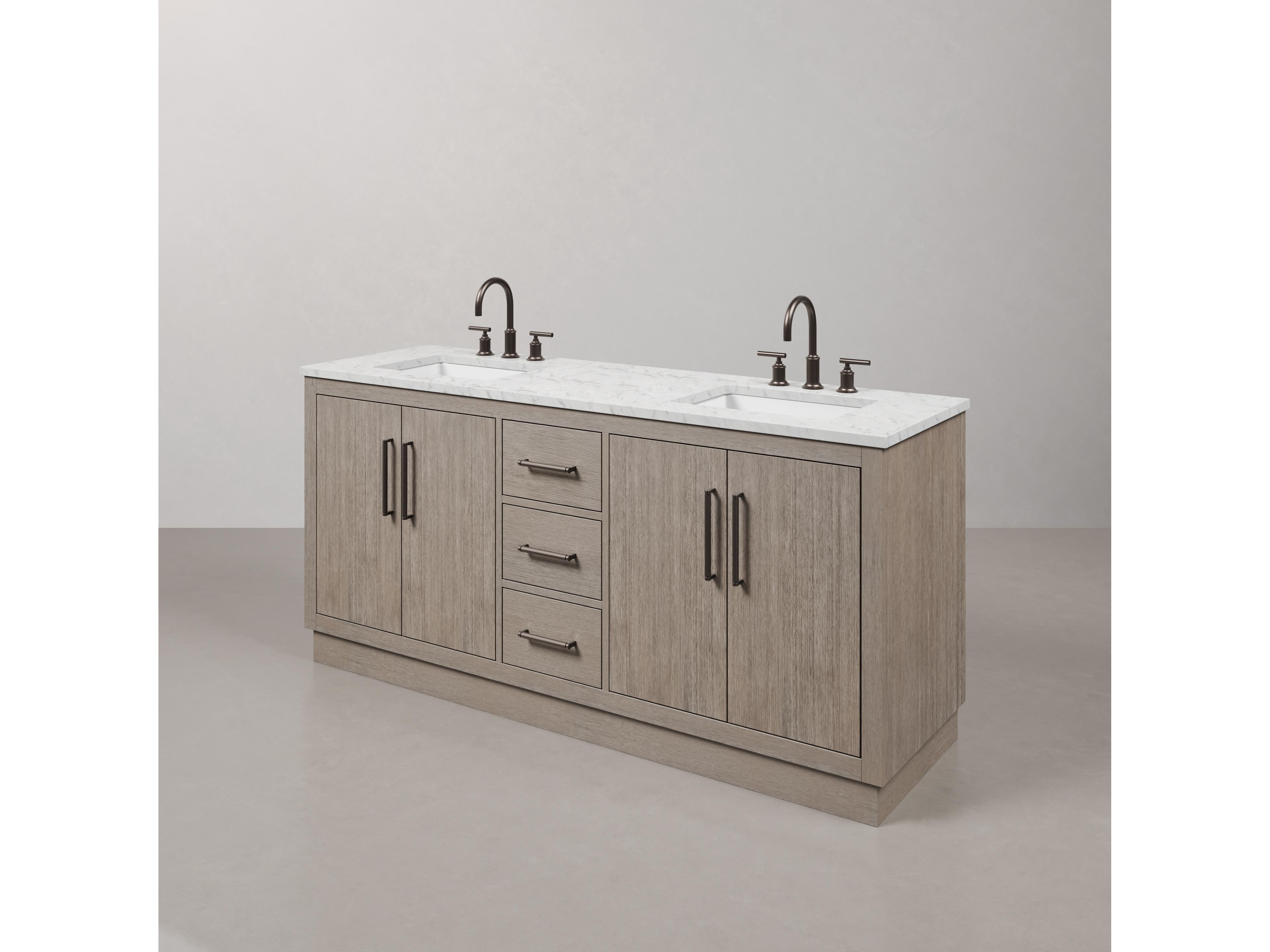 Water Creation Hugo Vanity Single Sink Carrara White Marble Countertop Vanity in Grey Oak with Gooseneck Faucet