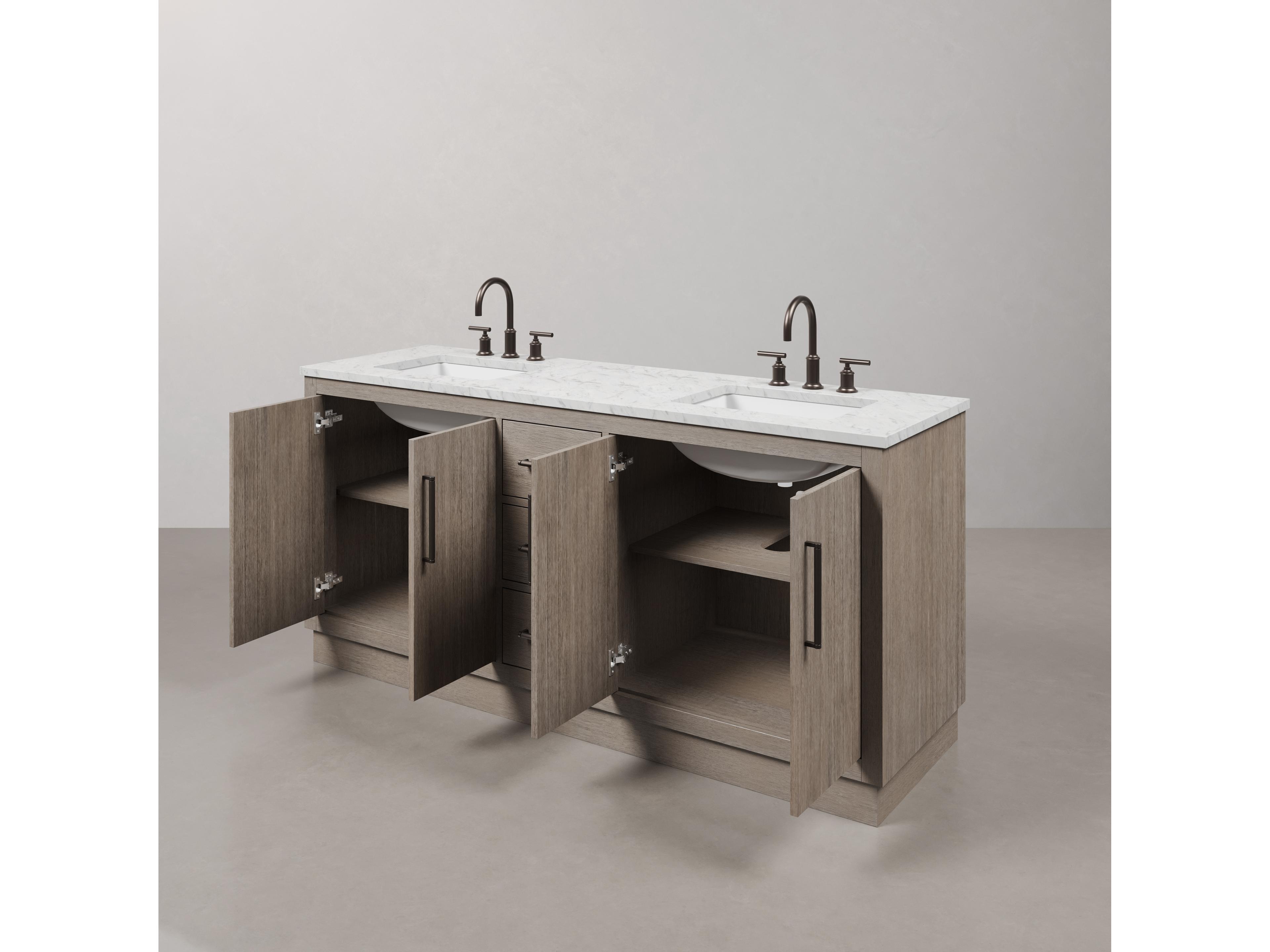 Water Creation Hugo Vanity Single Sink Carrara White Marble Countertop Vanity in Grey Oak with Gooseneck Faucet