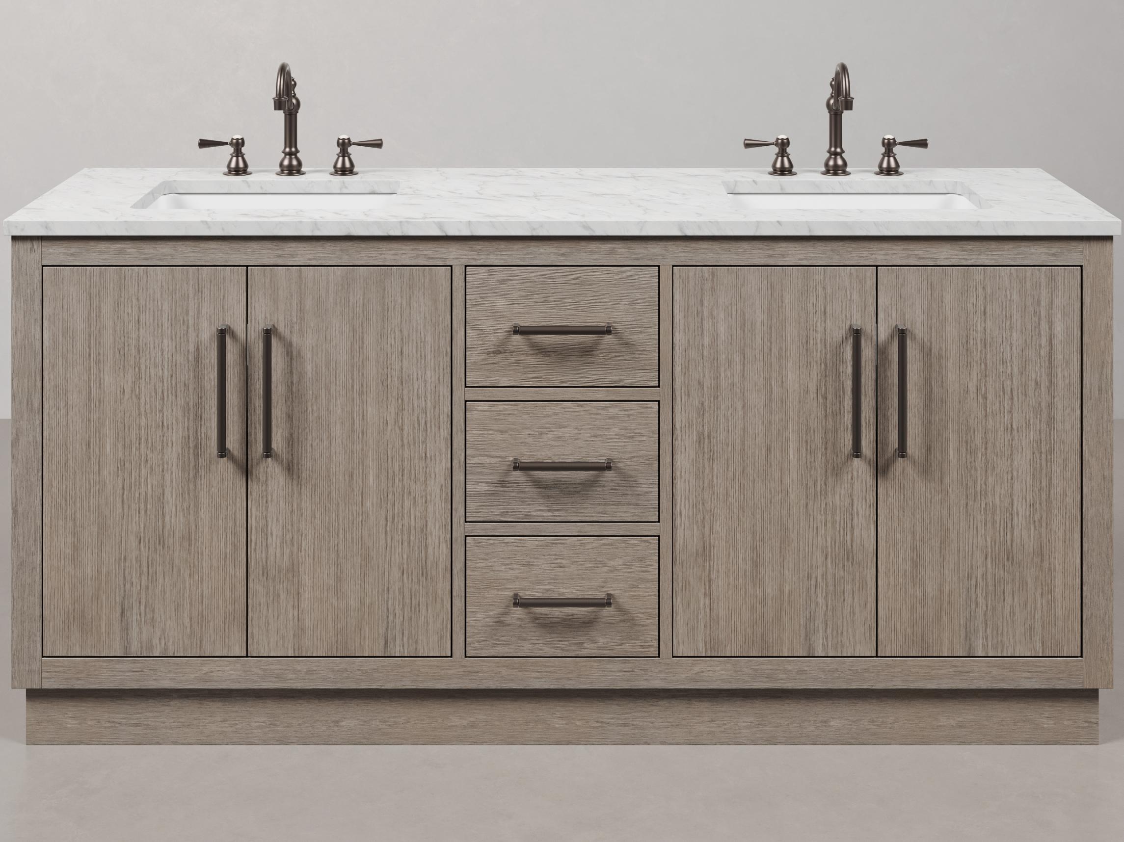 Water Creation Hugo Single Sink Carrara White Marble Countertop Vanity in Grey Oak with Oil Rubbed Bronze Hook Faucet