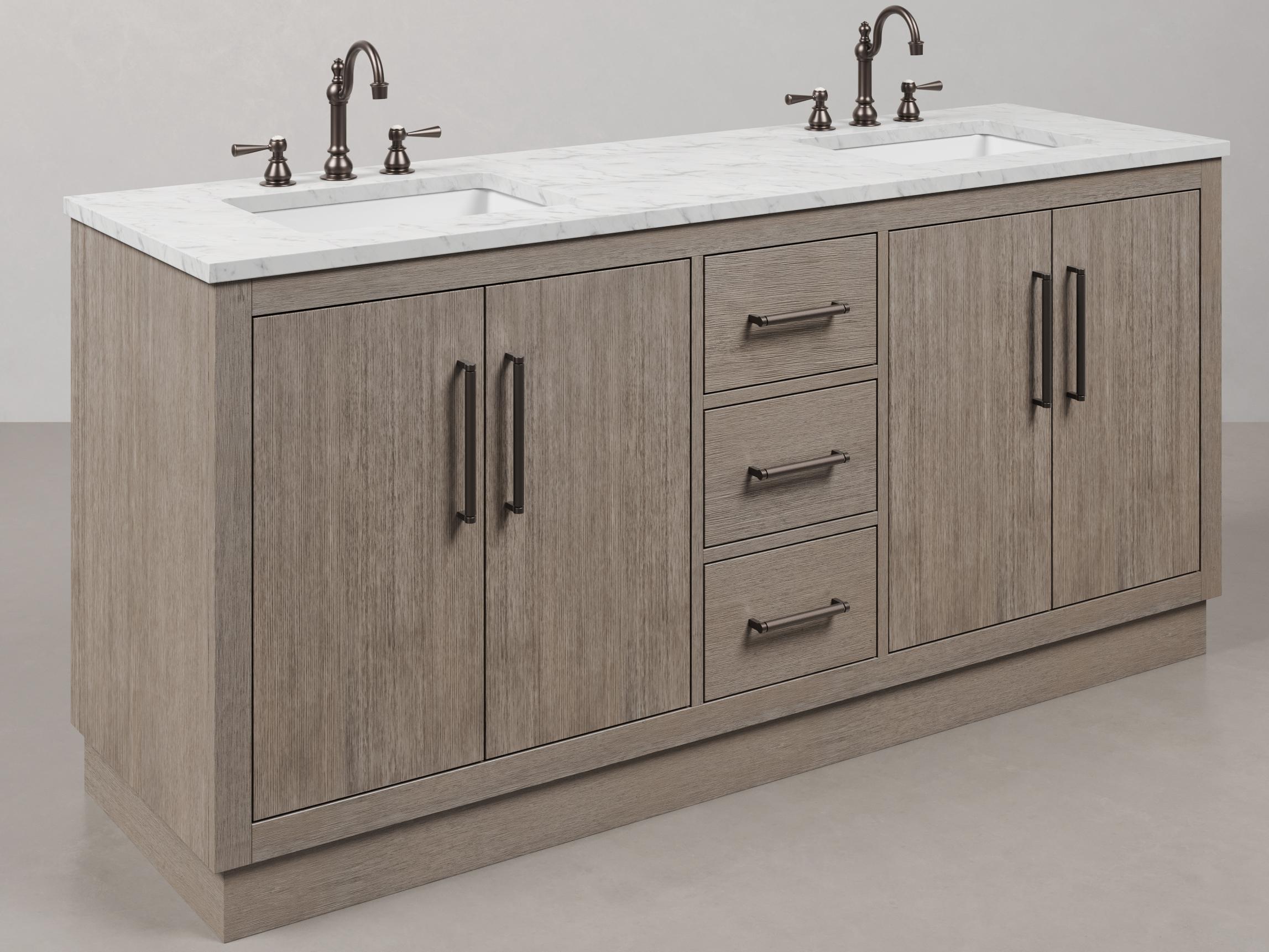 Water Creation Hugo Single Sink Carrara White Marble Countertop Vanity in Grey Oak with Oil Rubbed Bronze Hook Faucet