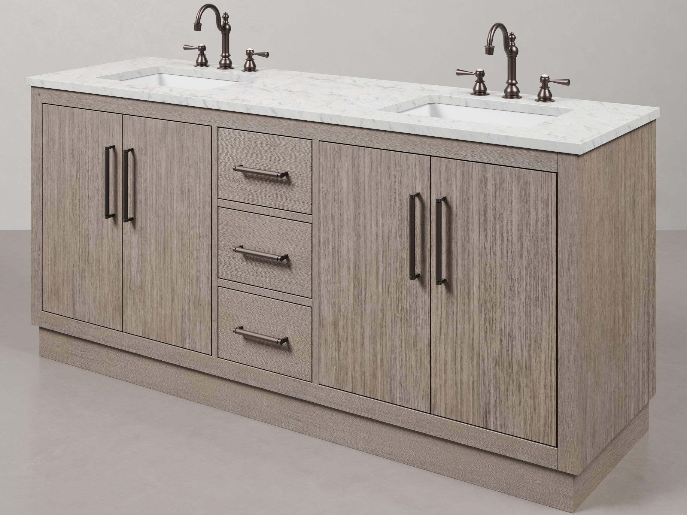 Water Creation Hugo Single Sink Carrara White Marble Countertop Vanity in Grey Oak with Oil Rubbed Bronze Hook Faucet