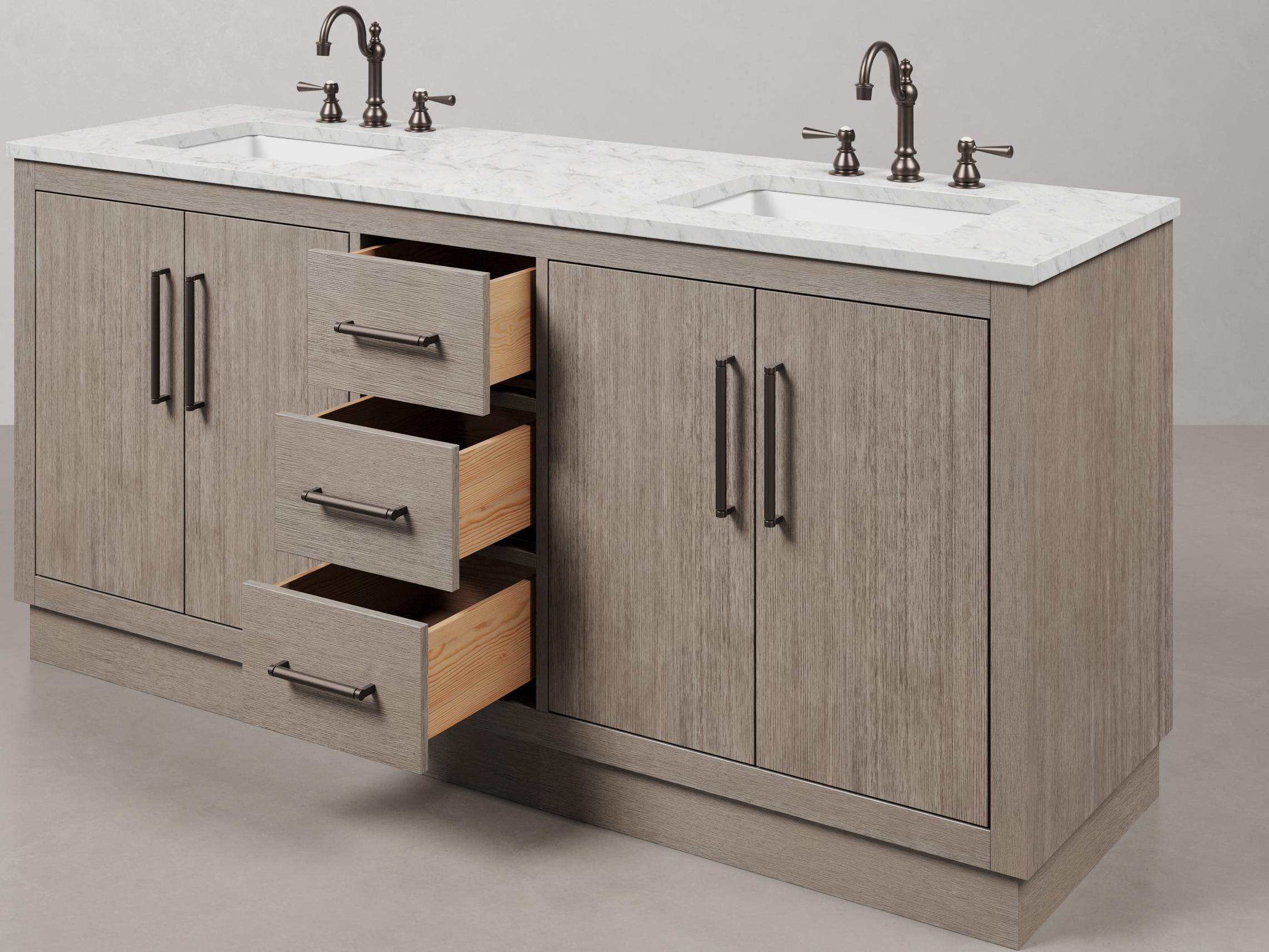 Water Creation Hugo Single Sink Carrara White Marble Countertop Vanity in Grey Oak with Oil Rubbed Bronze Hook Faucet