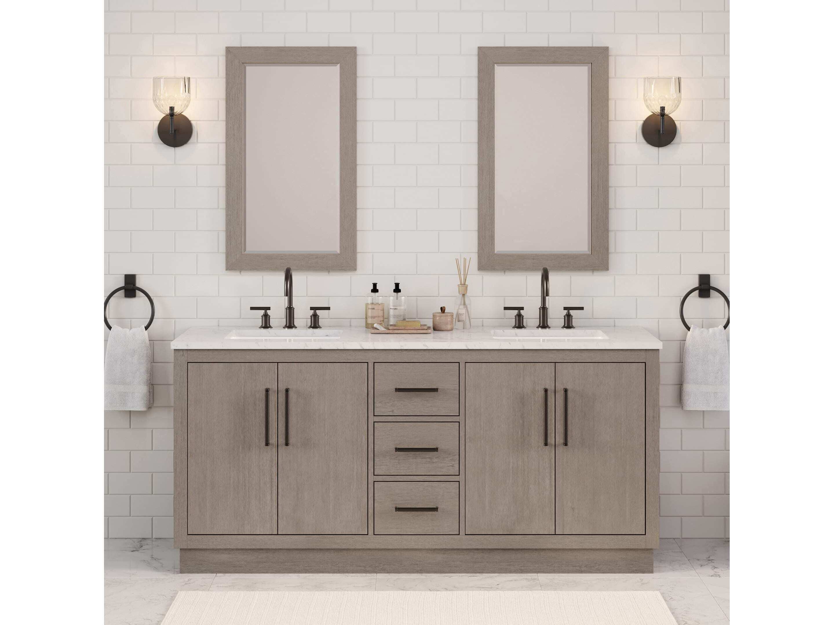 Water Creation Hugo Vanity Single Sink Carrara White Marble Countertop Vanity in Grey Oak with Mirror