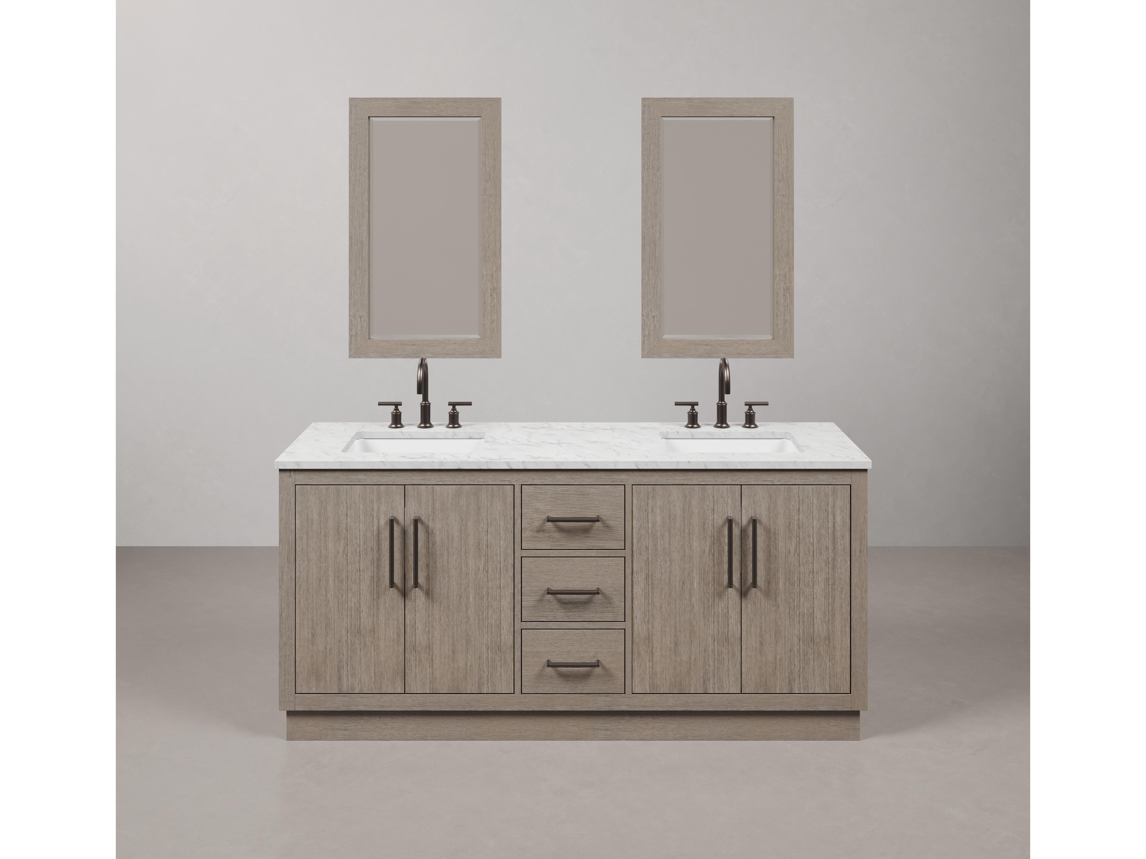 Water Creation Hugo Single Sink Carrara White Marble Countertop Vanity in Grey Oak with Gooseneck Faucet and Mirror